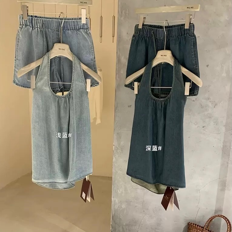 Denim Sleeveless Halter Blouse & Shorts Set