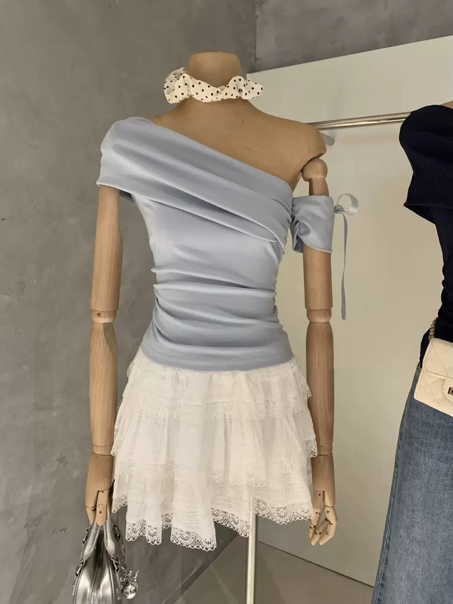 Slanted Shoulder Ribbon Blouse