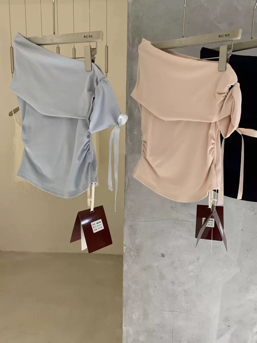 Slanted Shoulder Ribbon Blouse