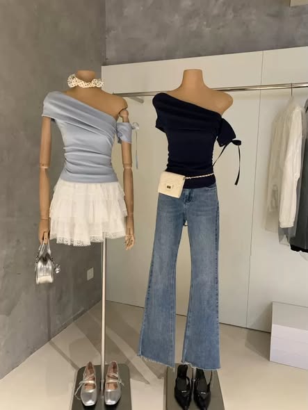 Slanted Shoulder Ribbon Blouse