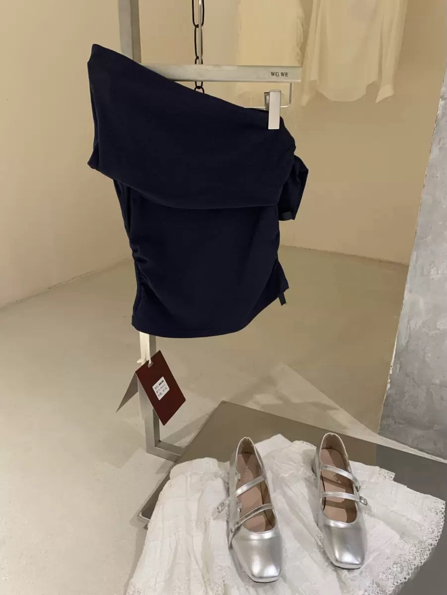 Slanted Shoulder Ribbon Blouse