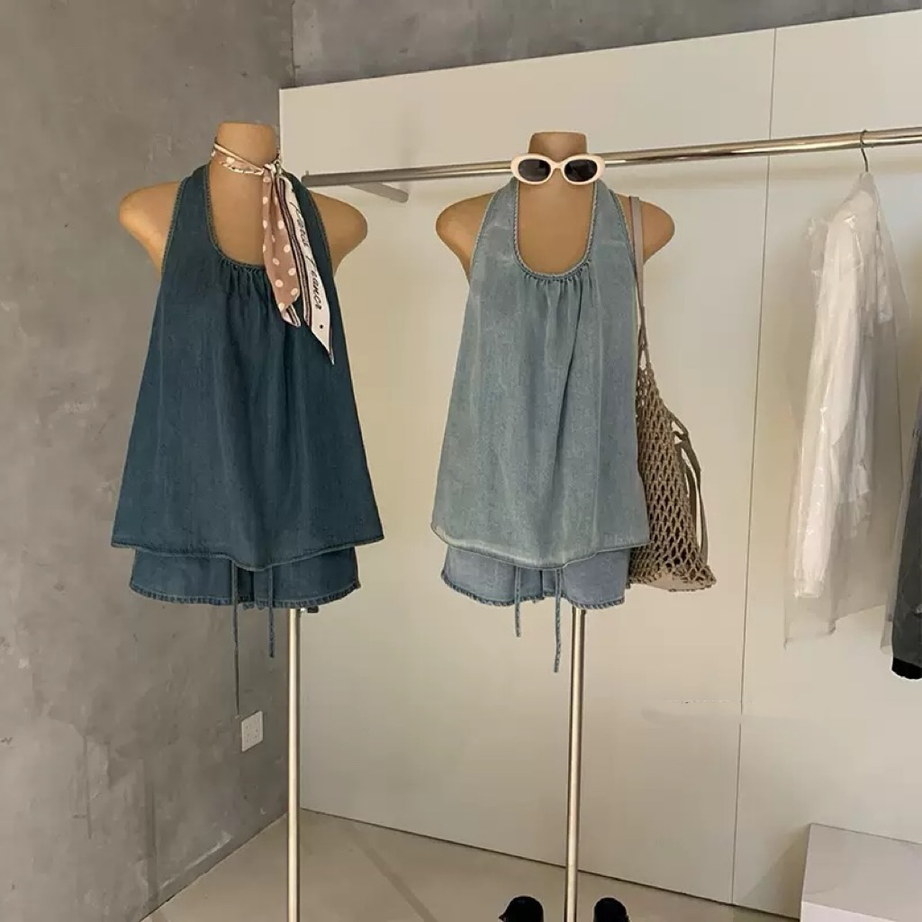 Denim Sleeveless Halter Blouse & Shorts Set