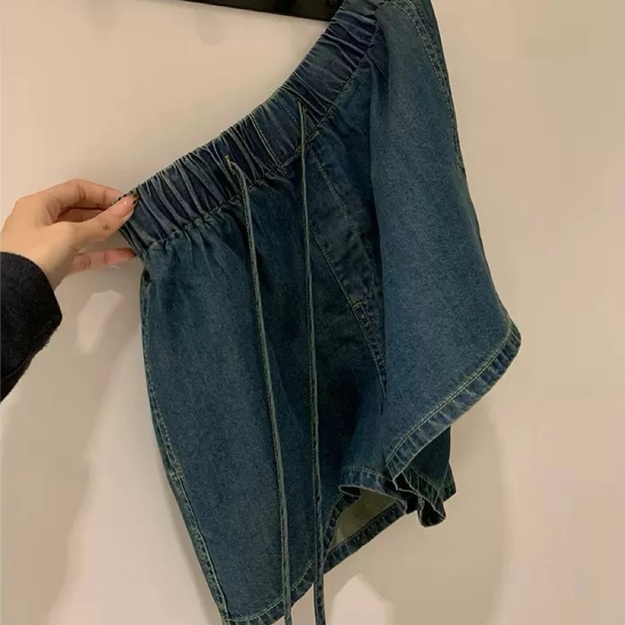 Denim Sleeveless Halter Blouse & Shorts Set