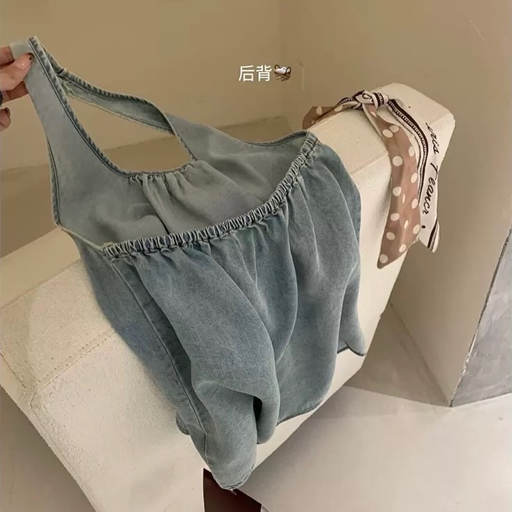 Denim Sleeveless Halter Blouse & Shorts Set