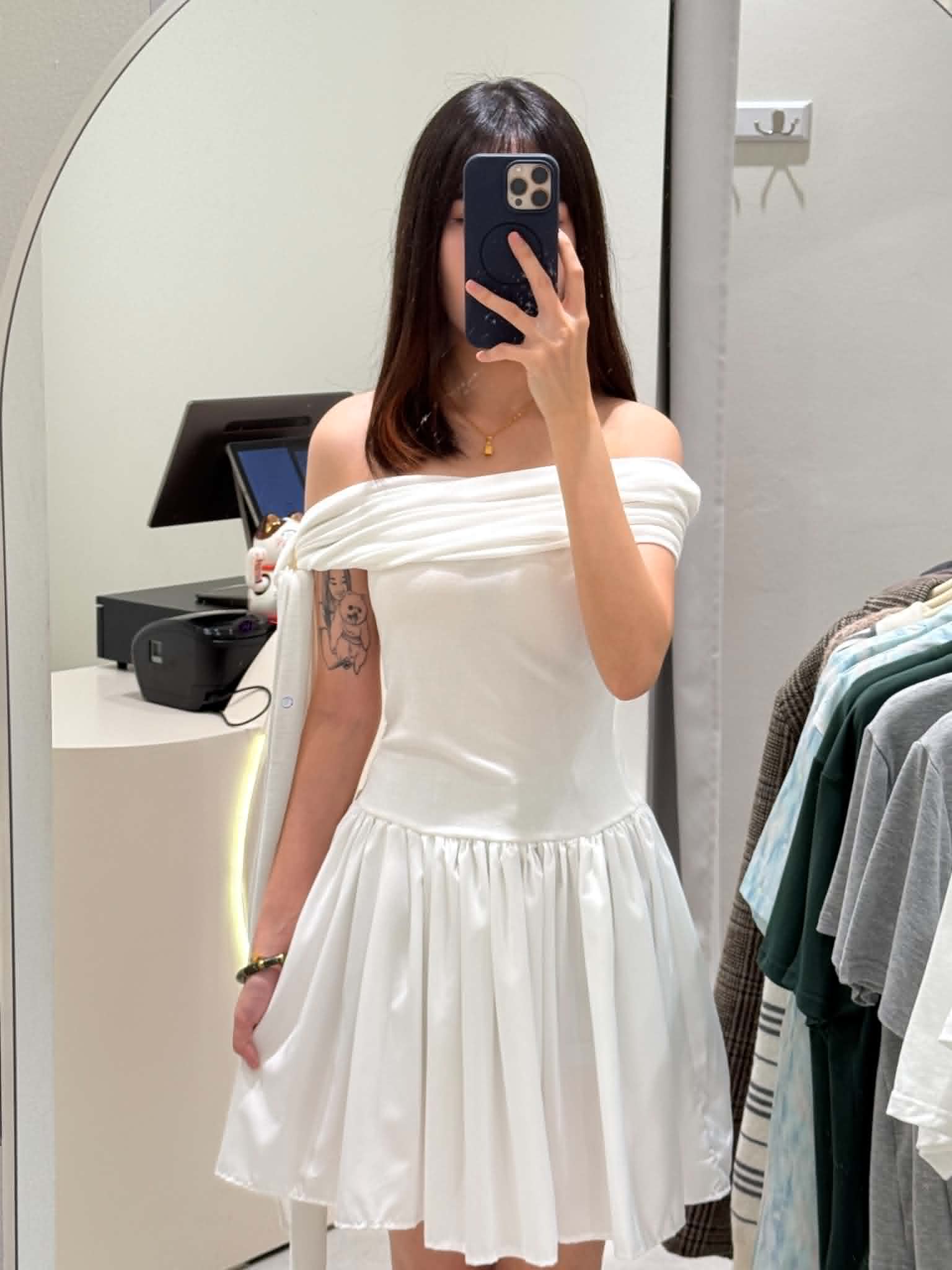 Slanted Shoulder Short Dress