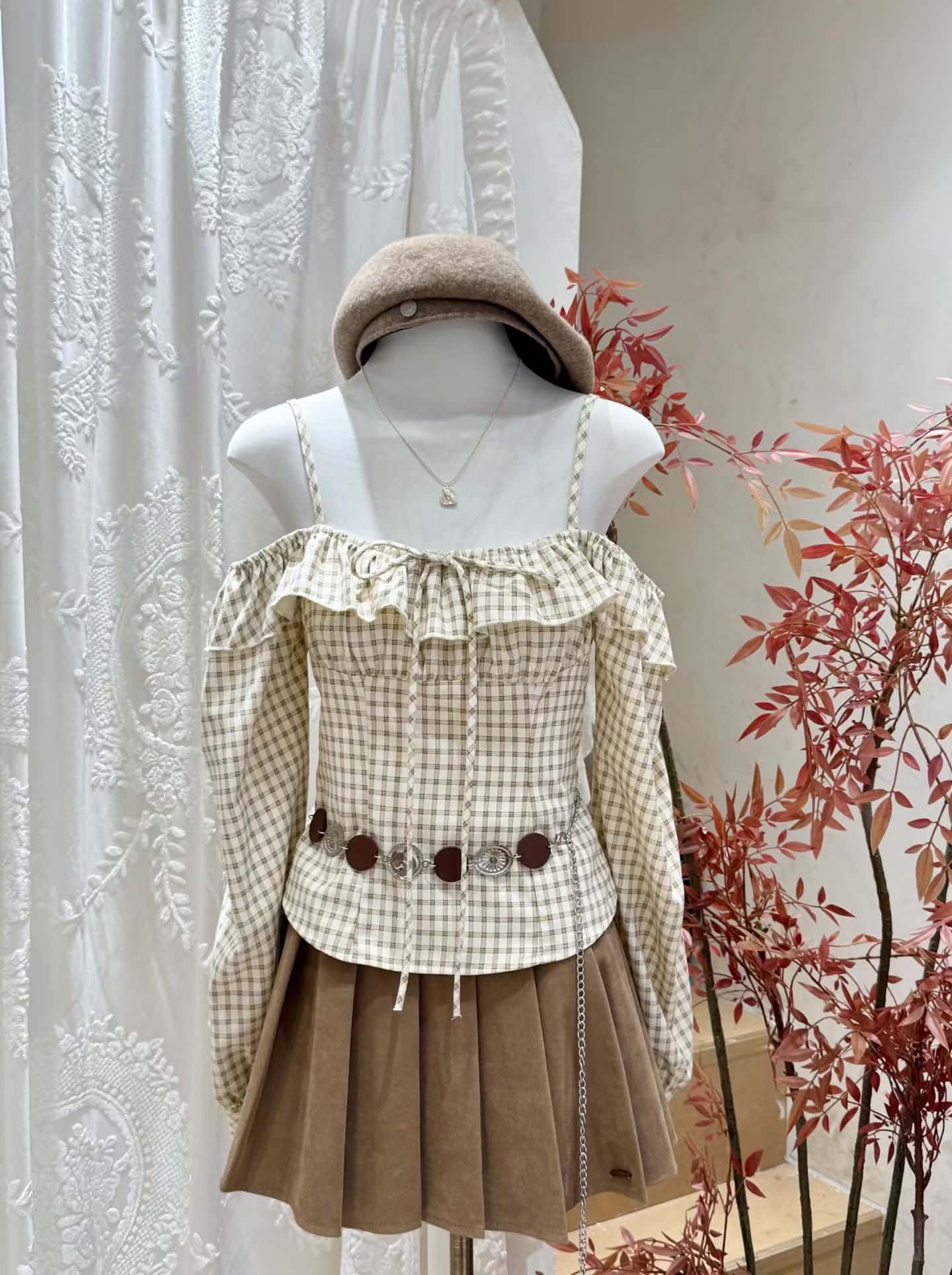 Checkered Cold Shoulder Blouse & Pleated Skirt Set