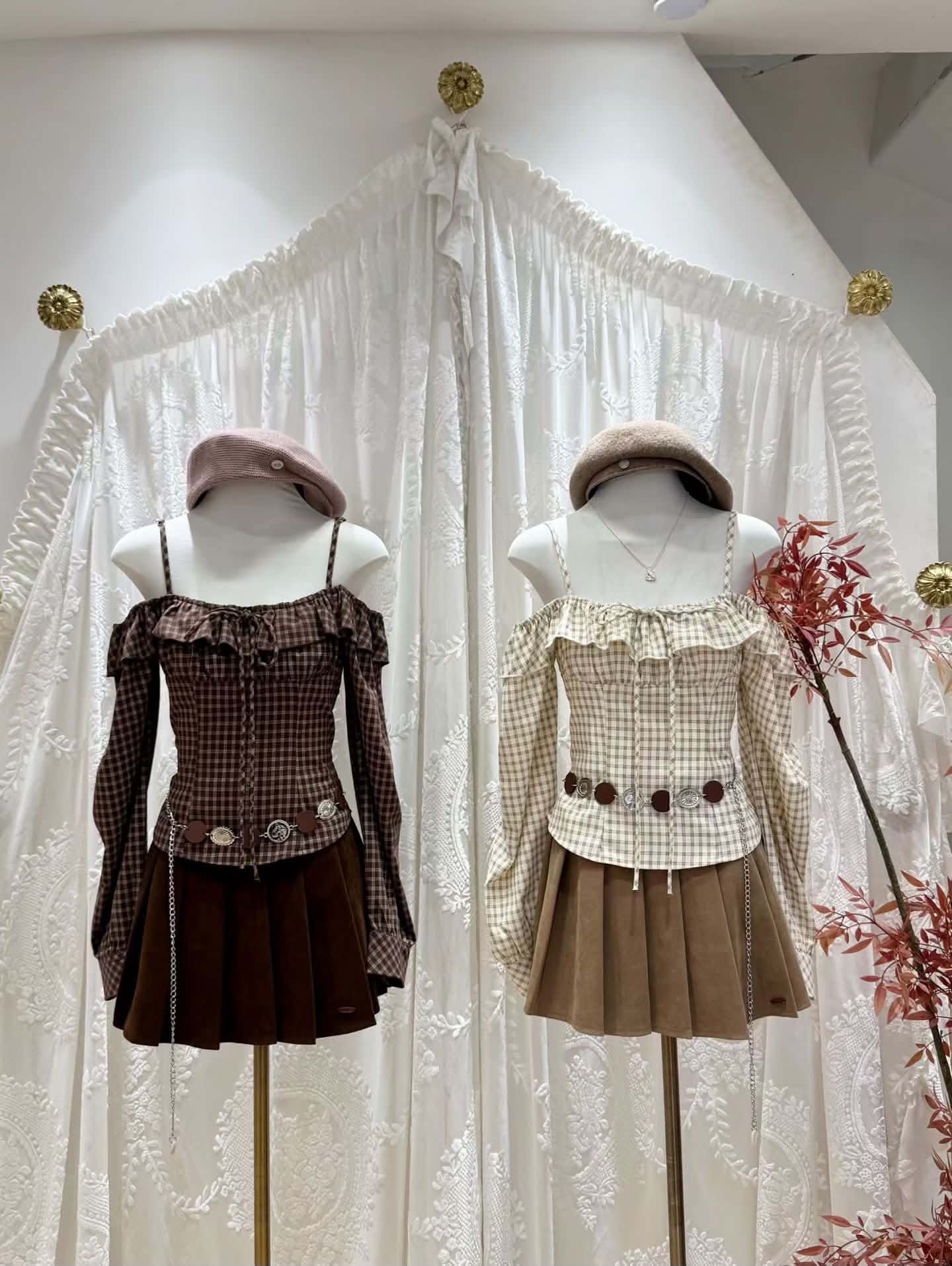 Checkered Cold Shoulder Blouse & Pleated Skirt Set