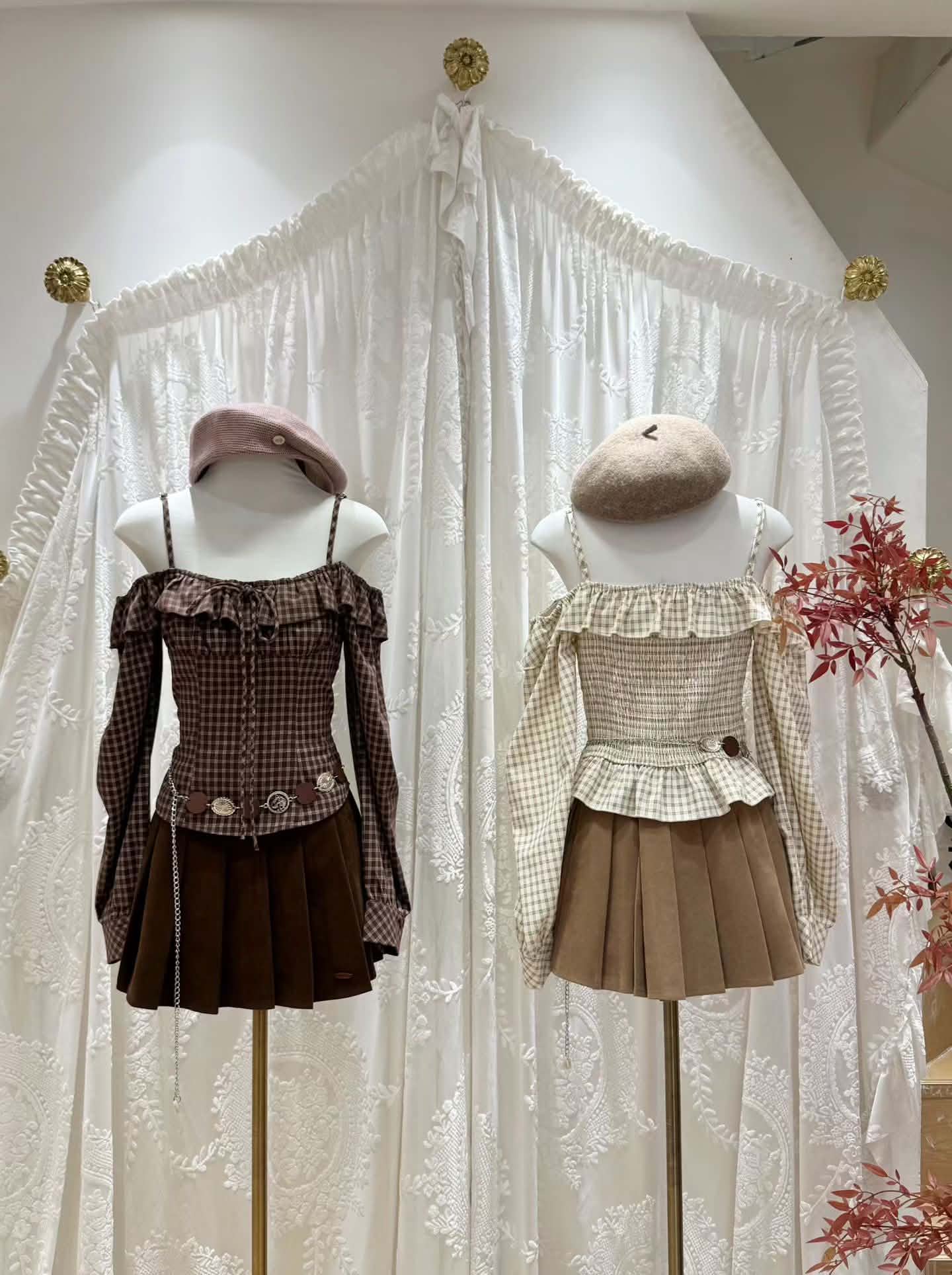 Checkered Cold Shoulder Blouse & Pleated Skirt Set