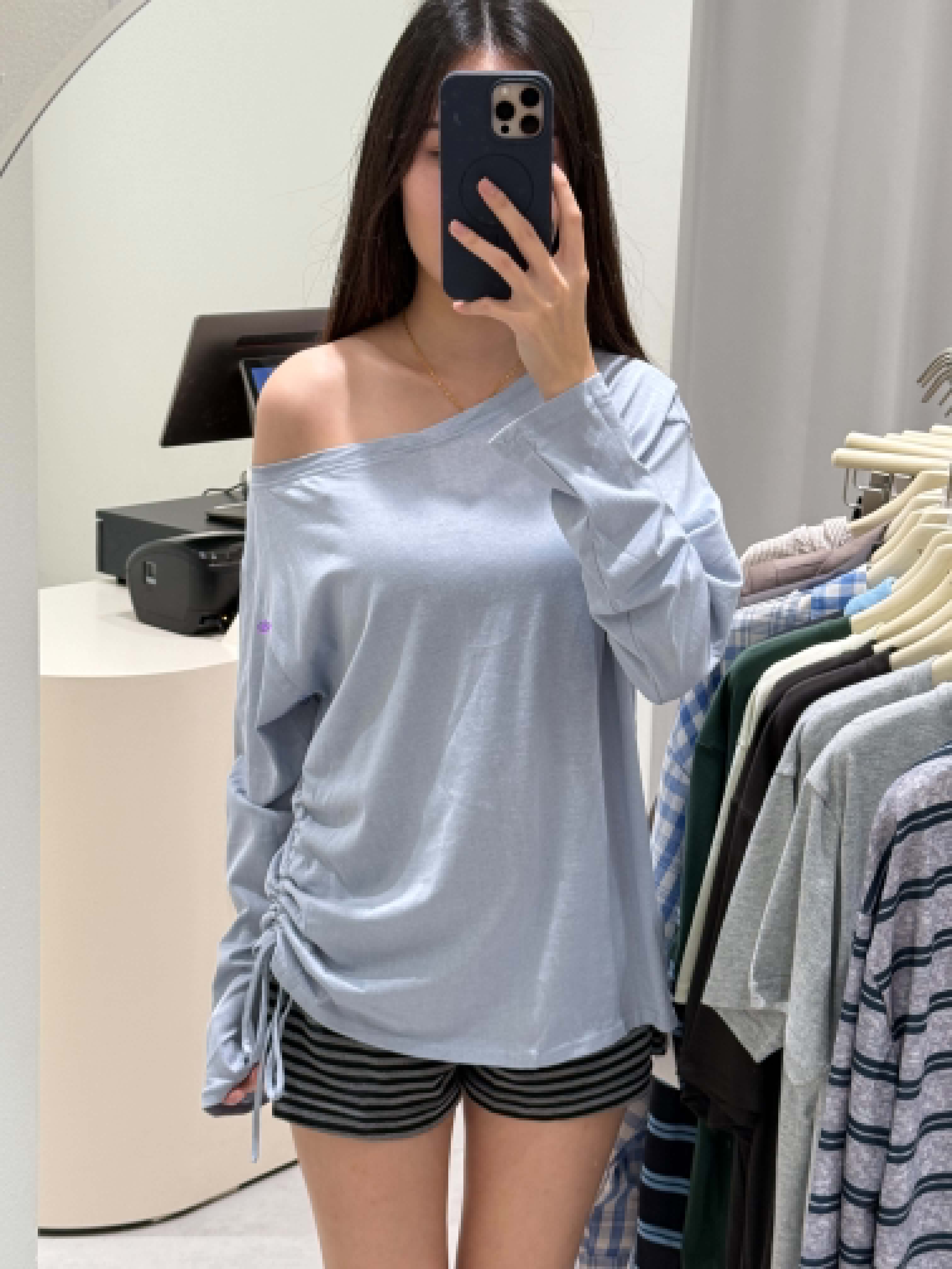 Slanted Shoulder Long Sleeve Blouse