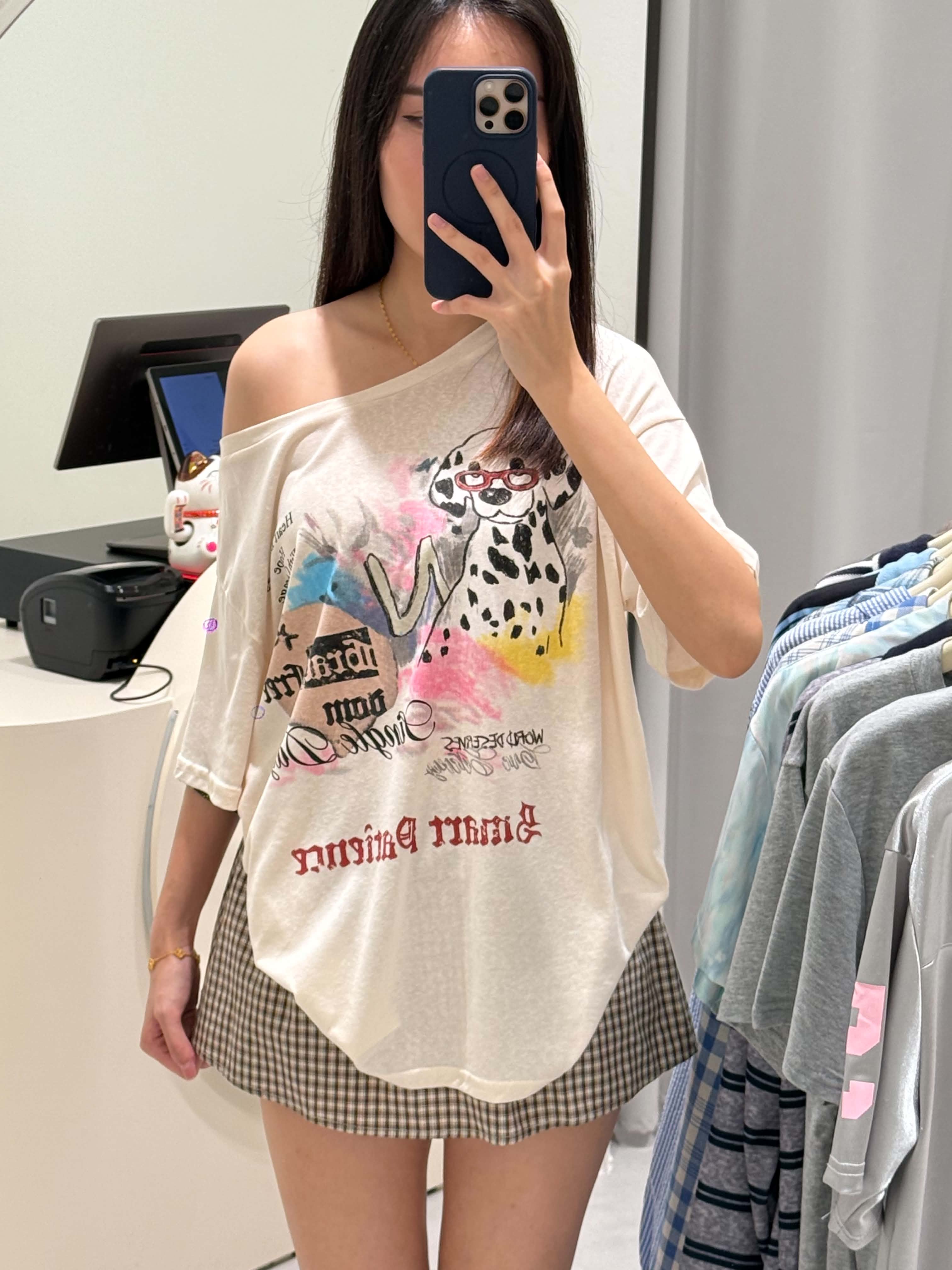 Almond Graphic Slanted Shoulder T-Shirt