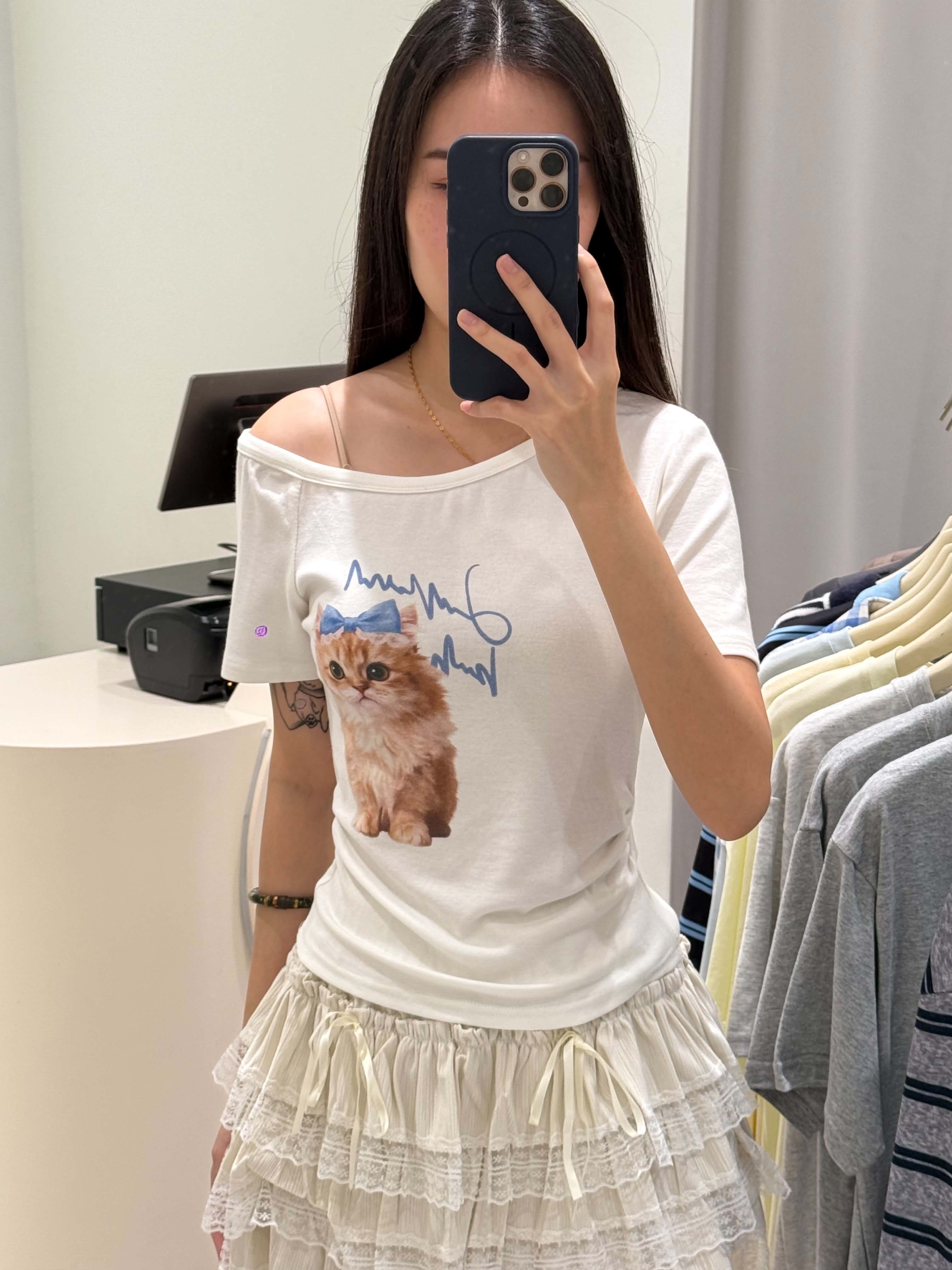 Cat Slanted Shoulder T-Shirt