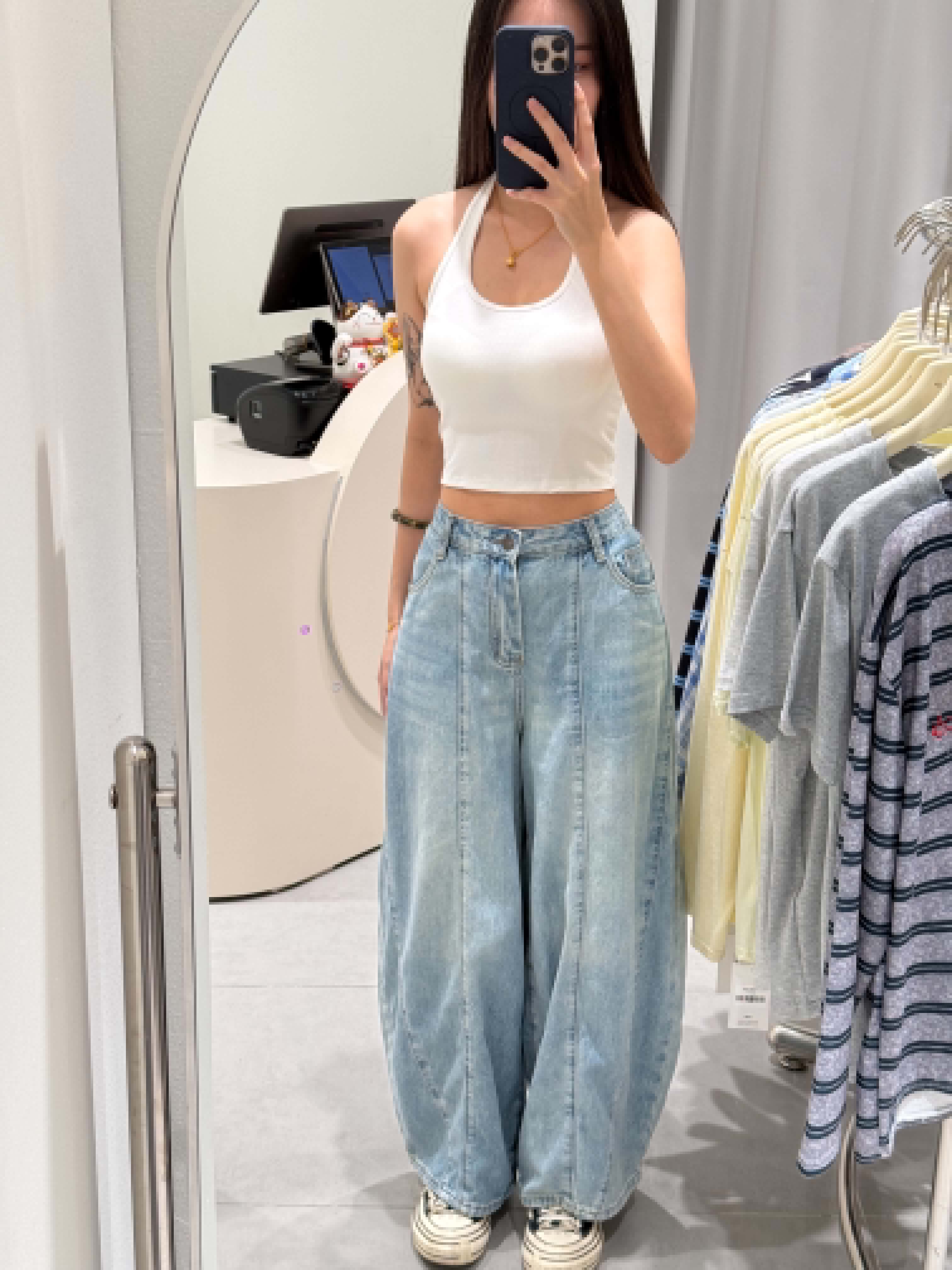 Light Blue Denim Curved-Leg Jeans