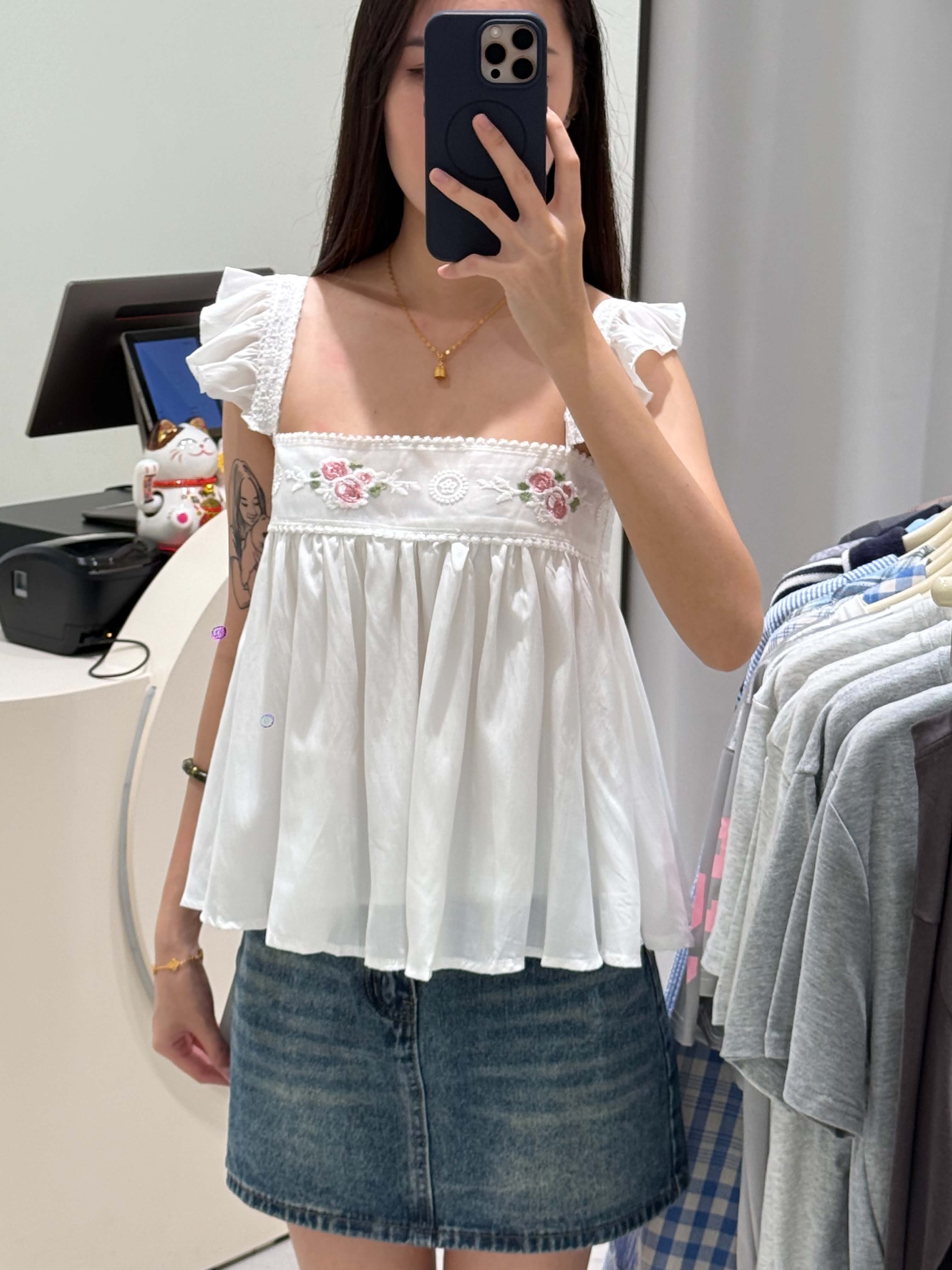 White Sleeveless Embroidered Floral Blouse