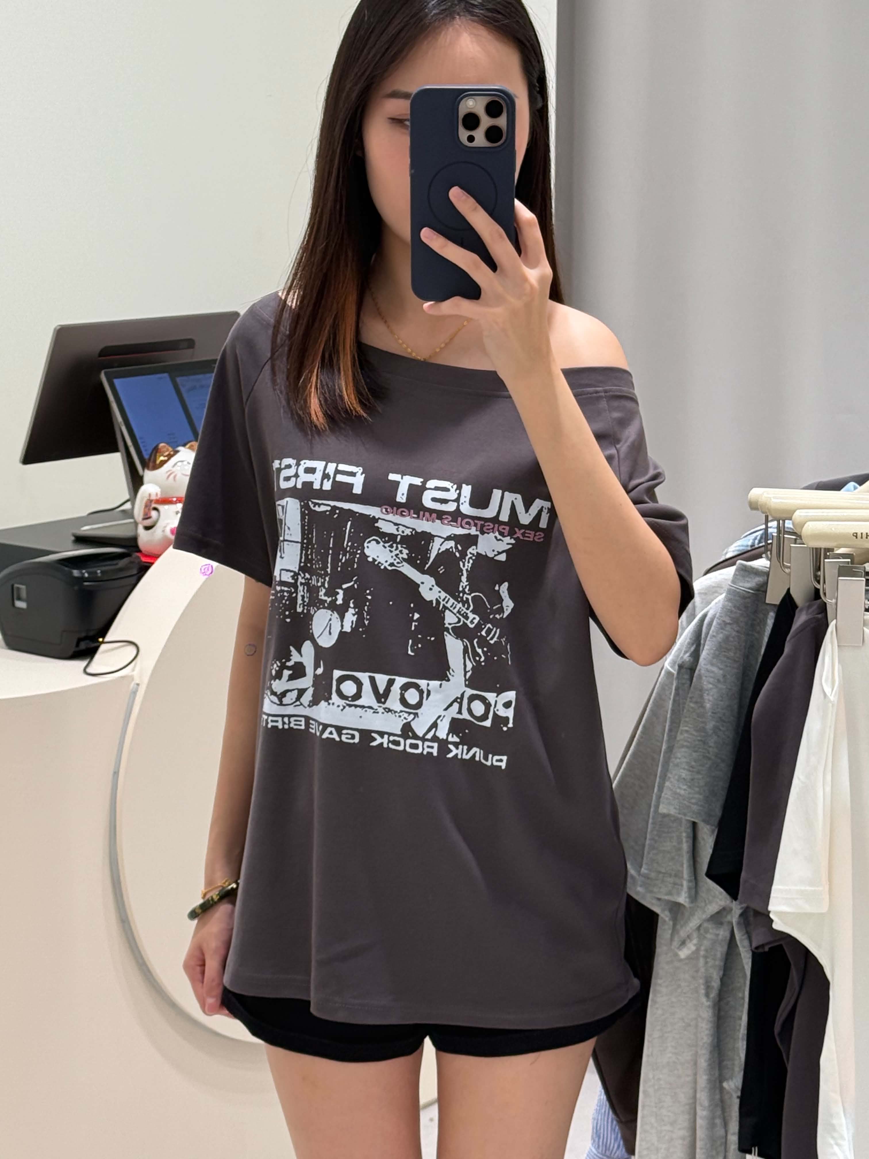 Grey Slanted Shoulder Graphic T-Shirt