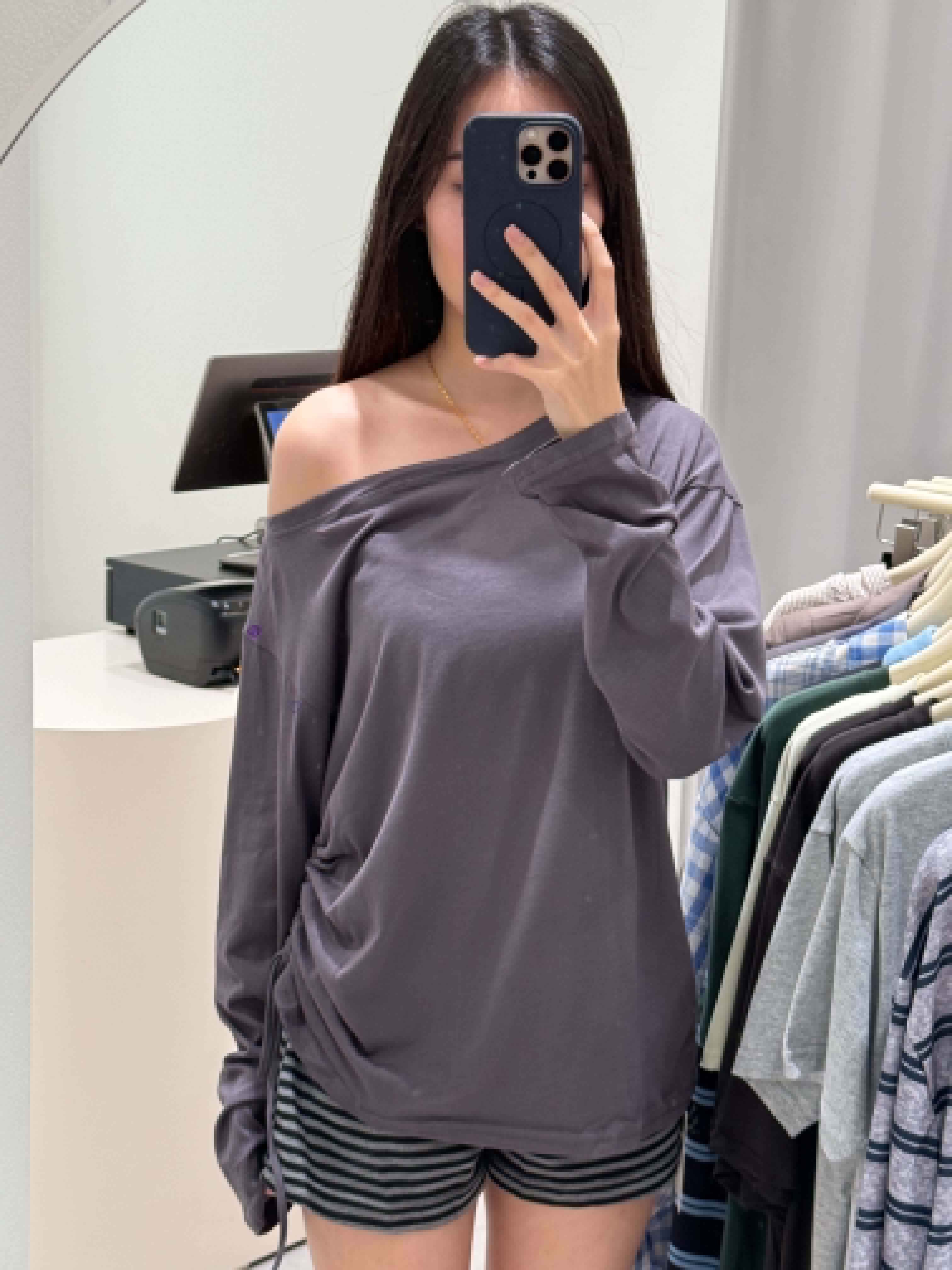 Slanted Shoulder Long Sleeve Blouse