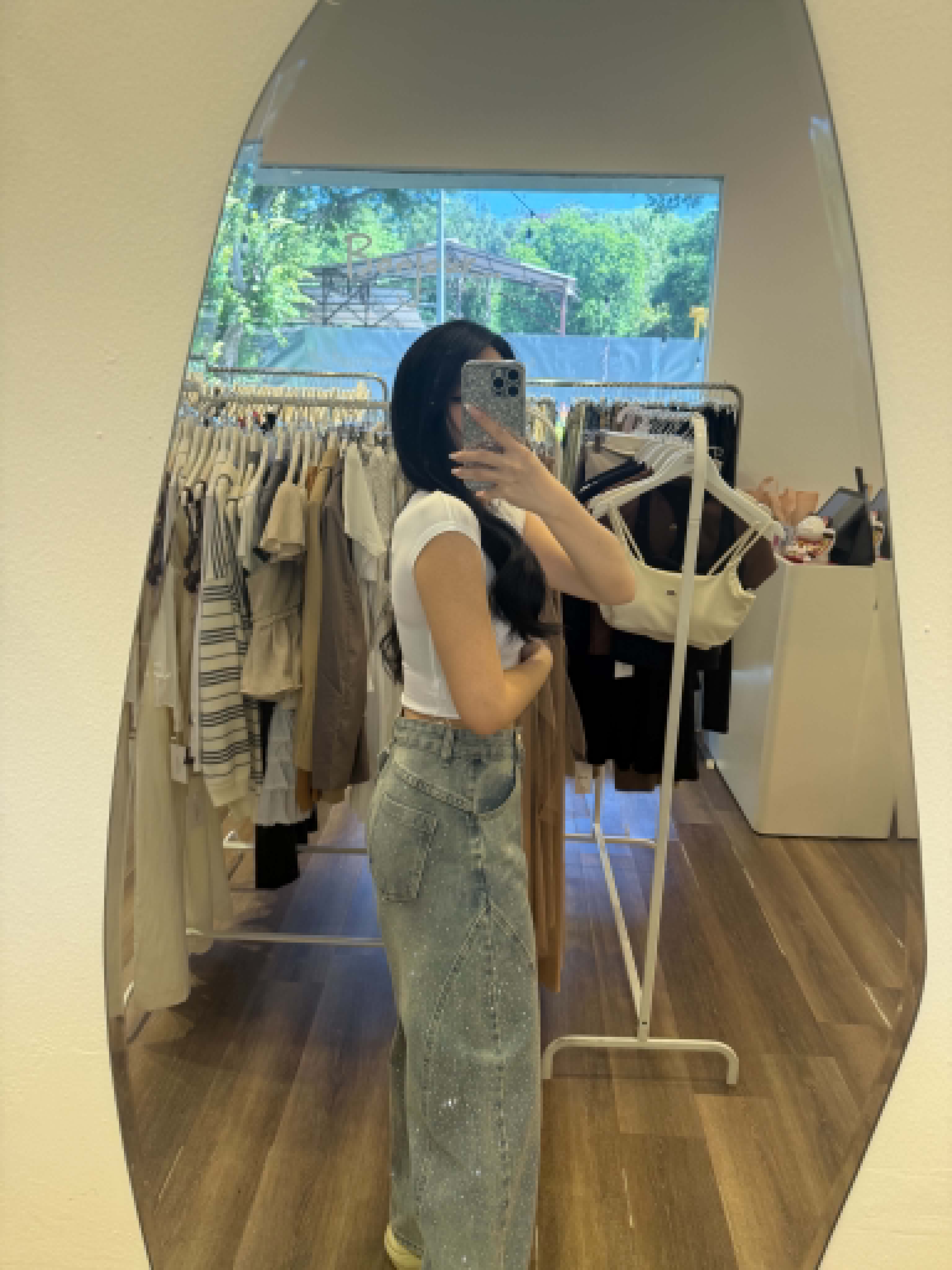 Denim Rhinestone Curved-Leg Pants