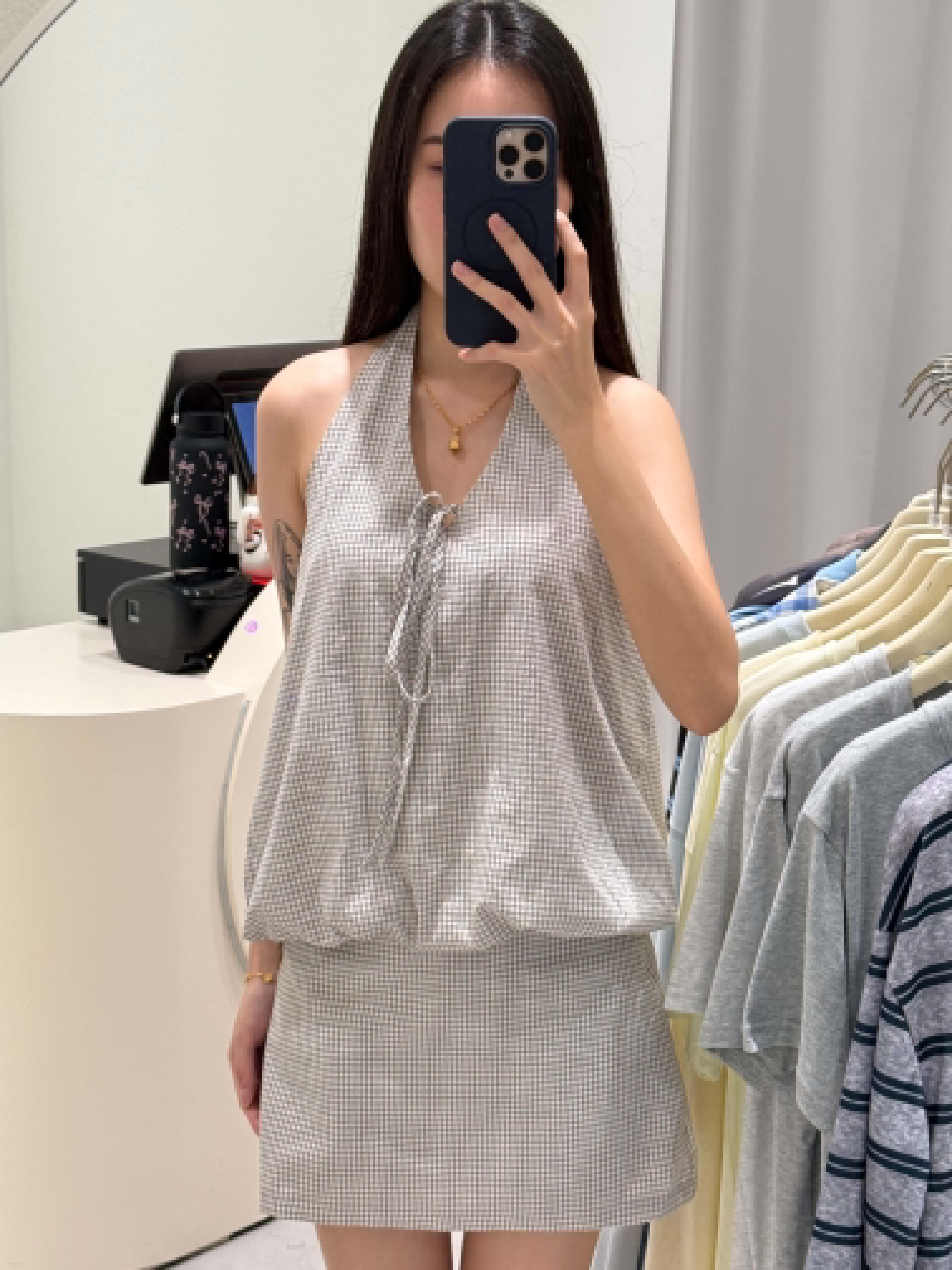 Checkered Halter Sleeveless Blouse & Skirt Set