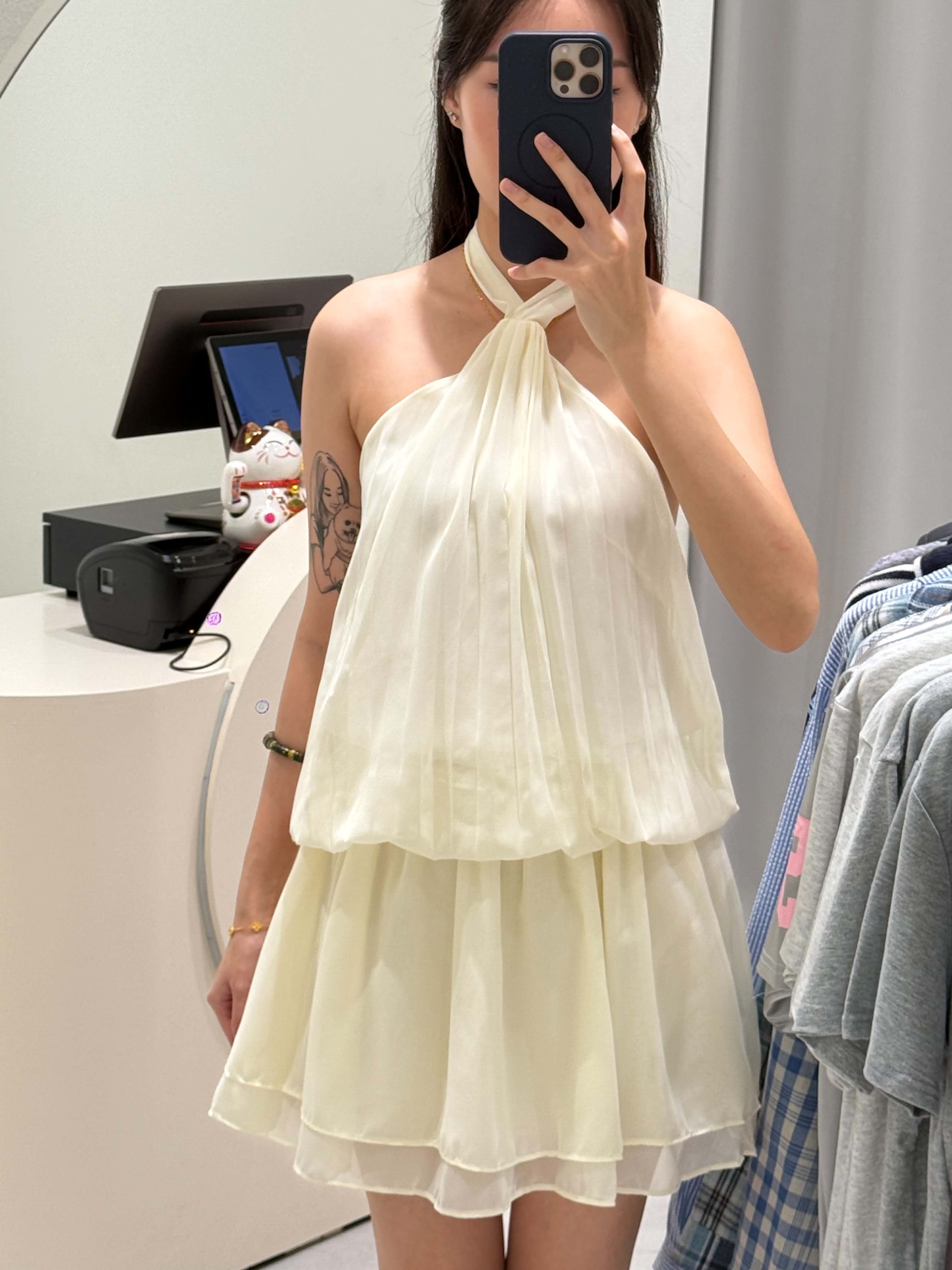 Halter Neck Pleated Mesh Dress