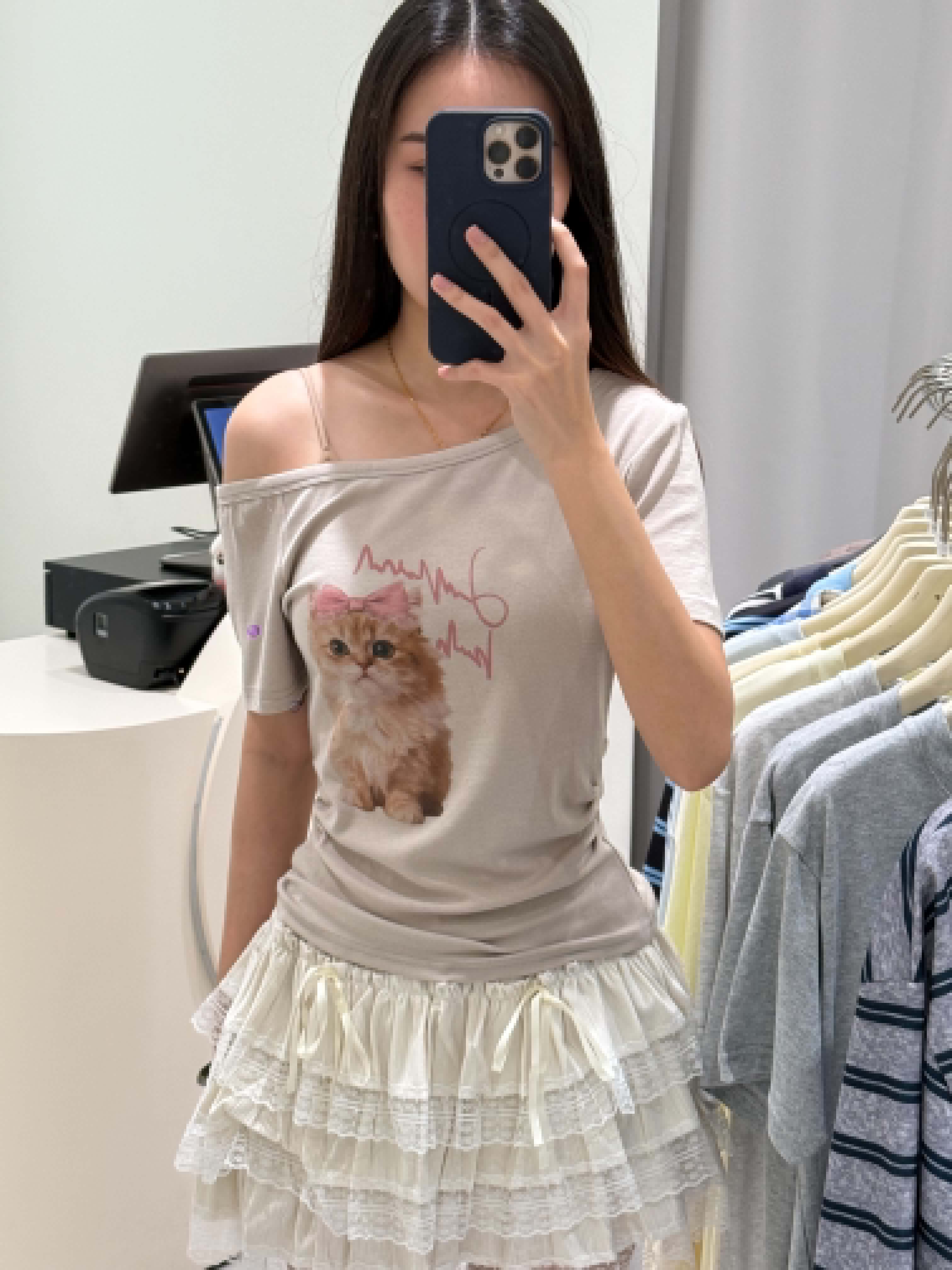 Cat Slanted Shoulder T-Shirt
