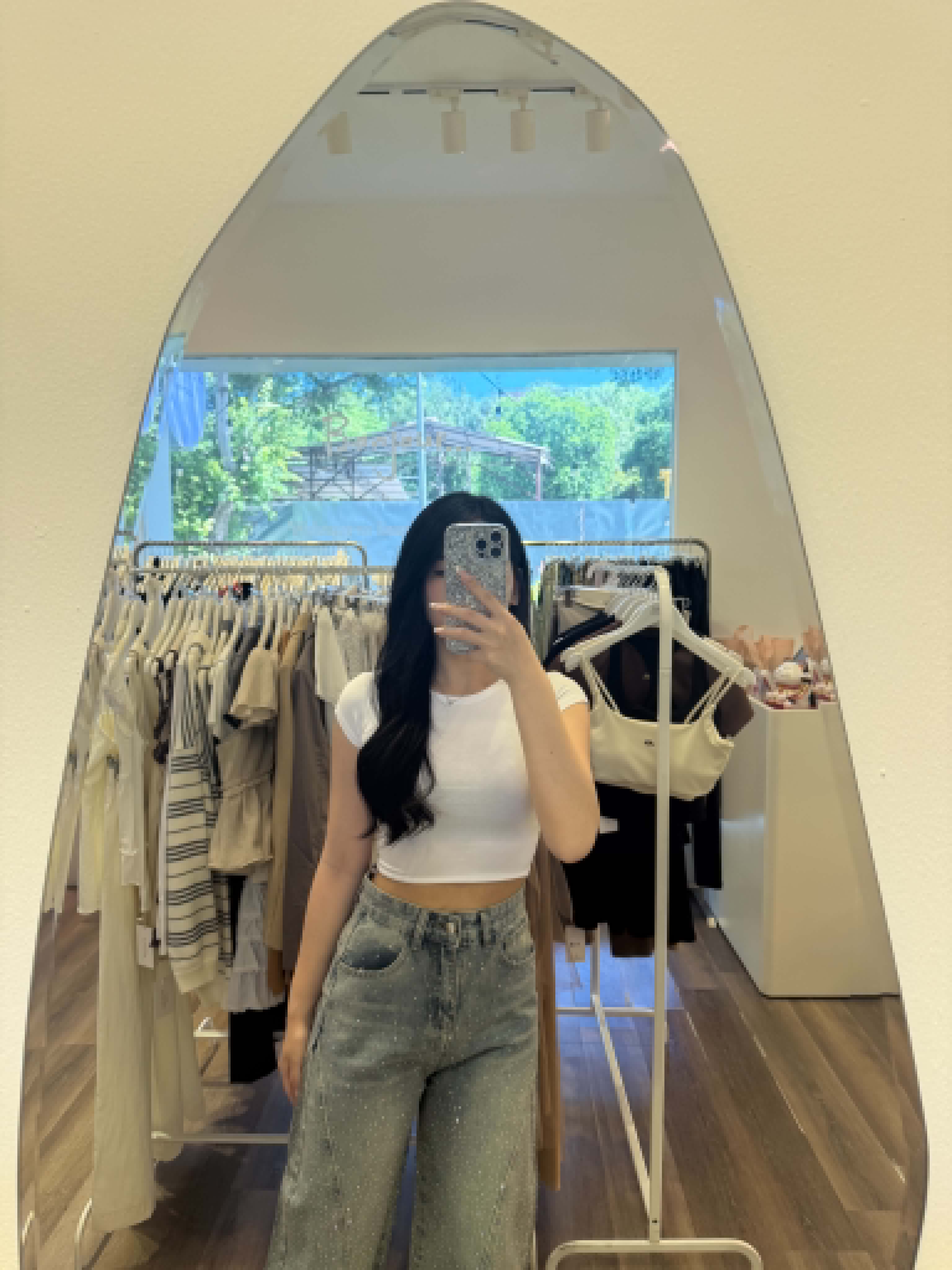 Denim Rhinestone Curved-Leg Pants