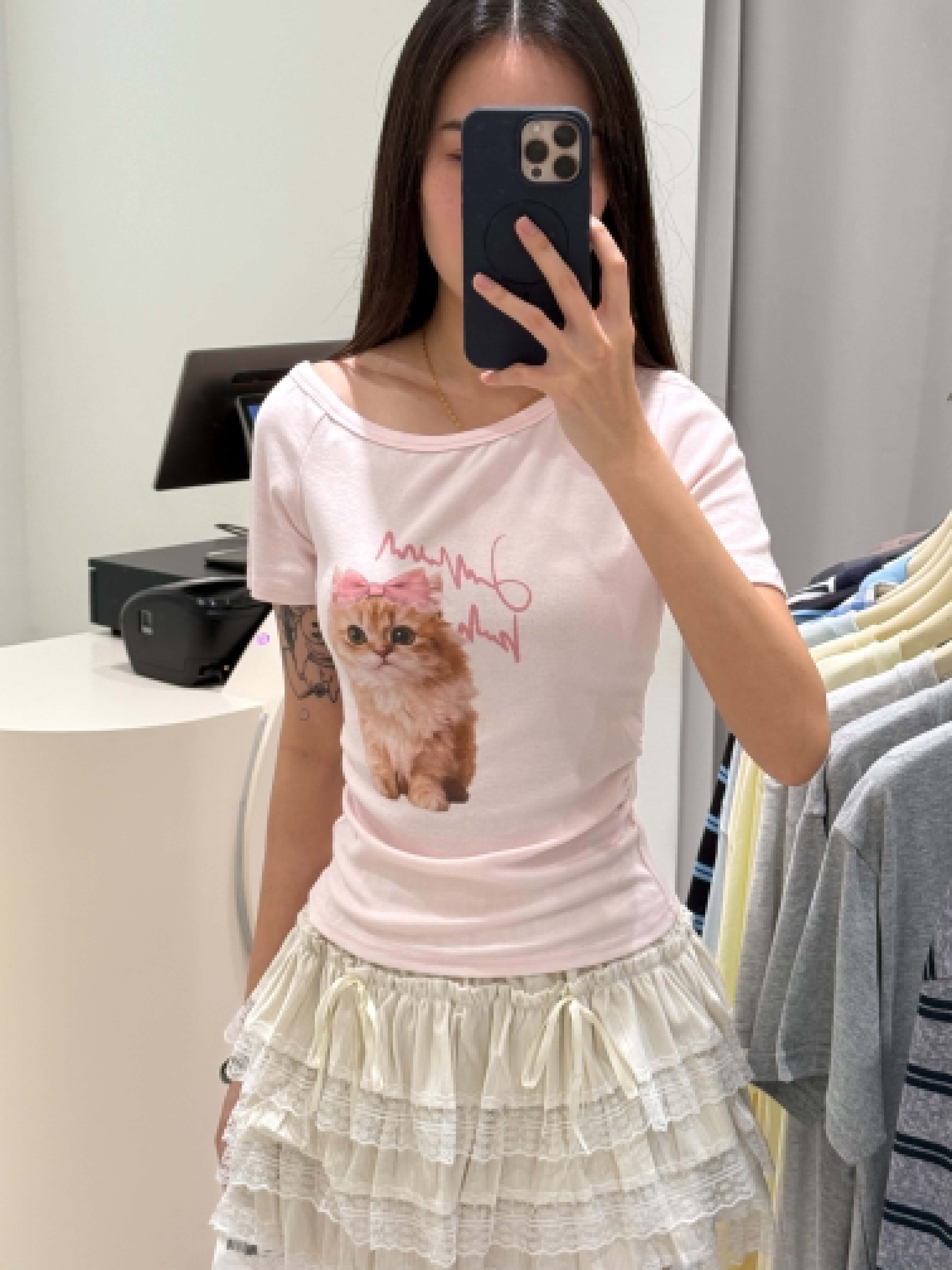Cat Slanted Shoulder T-Shirt