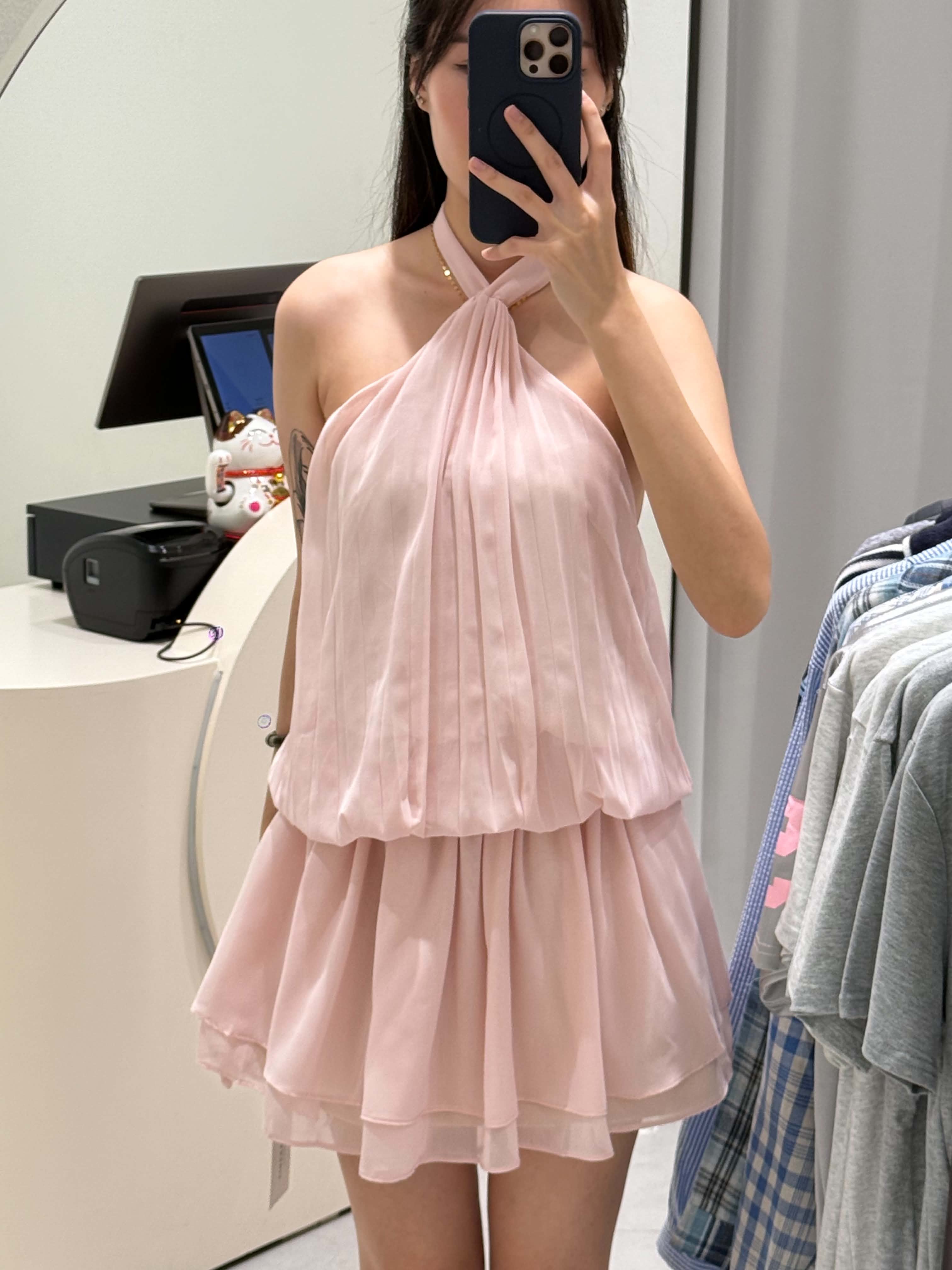 Halter Neck Pleated Mesh Dress