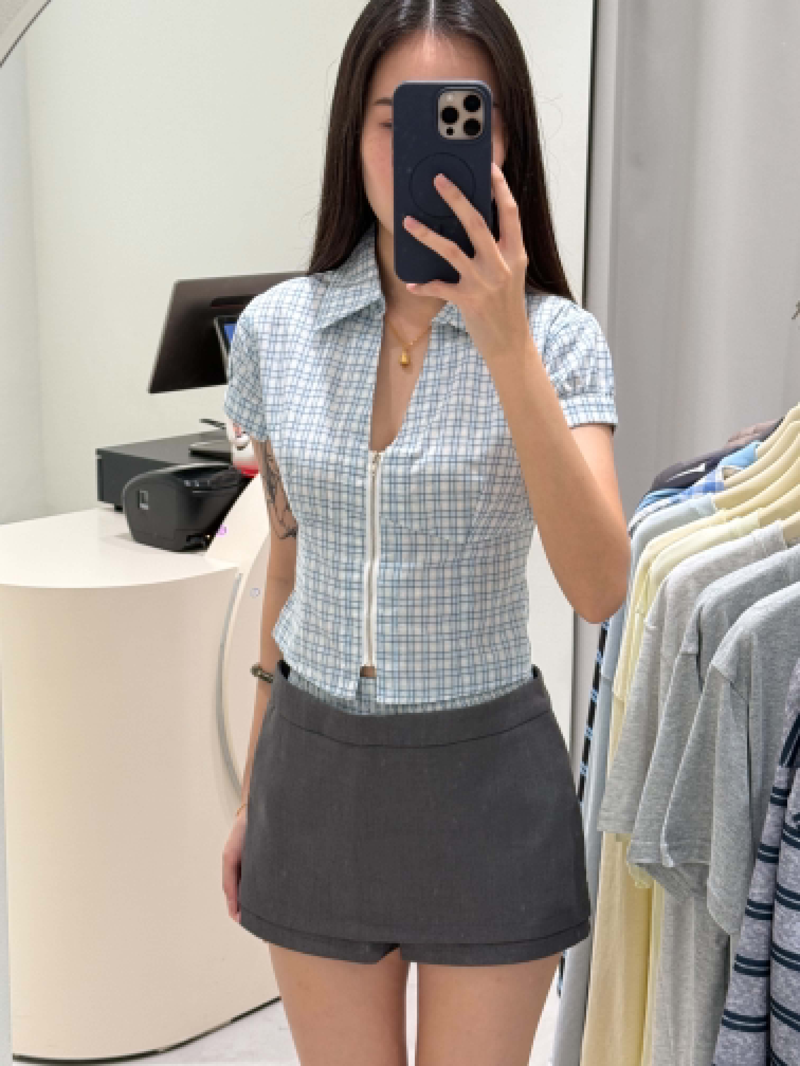 Blue Checkered Shirt & Skirt Set