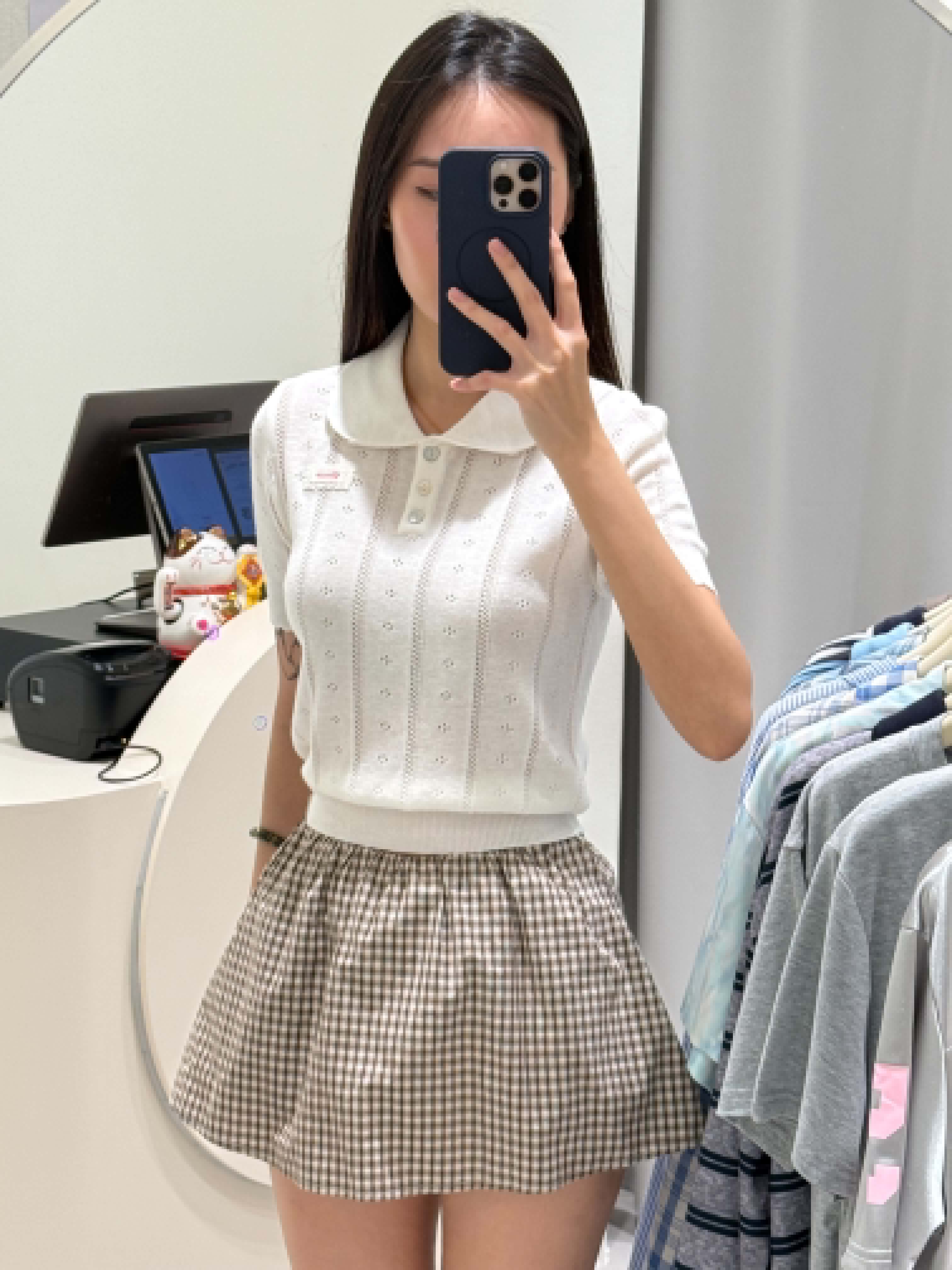 White Knitted Polo Blouse & Checkered Skirt Set