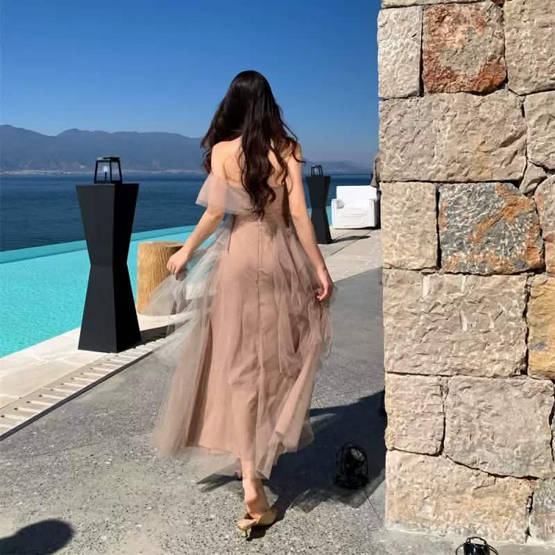 Khaki Mesh Tube Dress