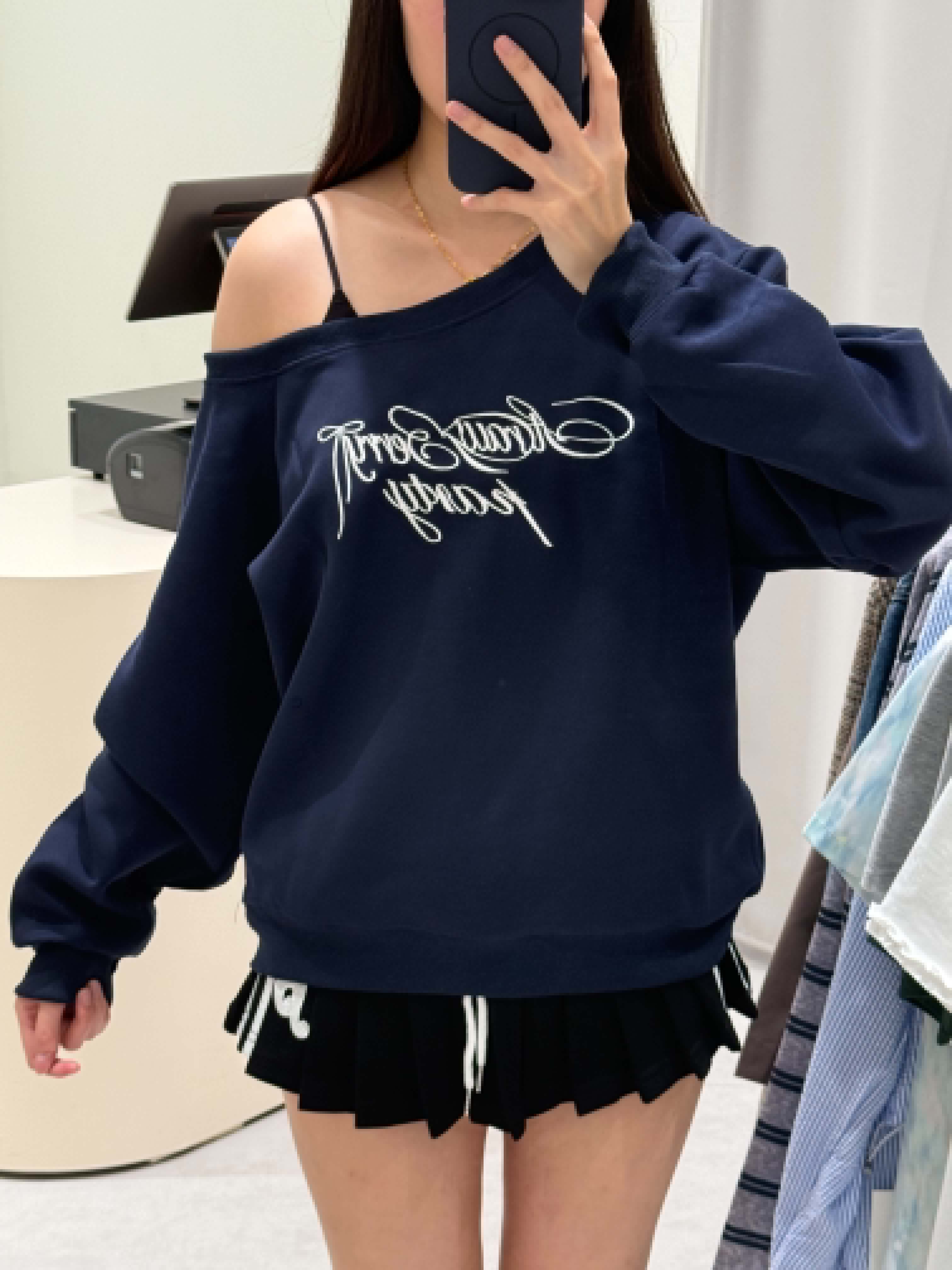 Slanted Shoulder Wording Sweater