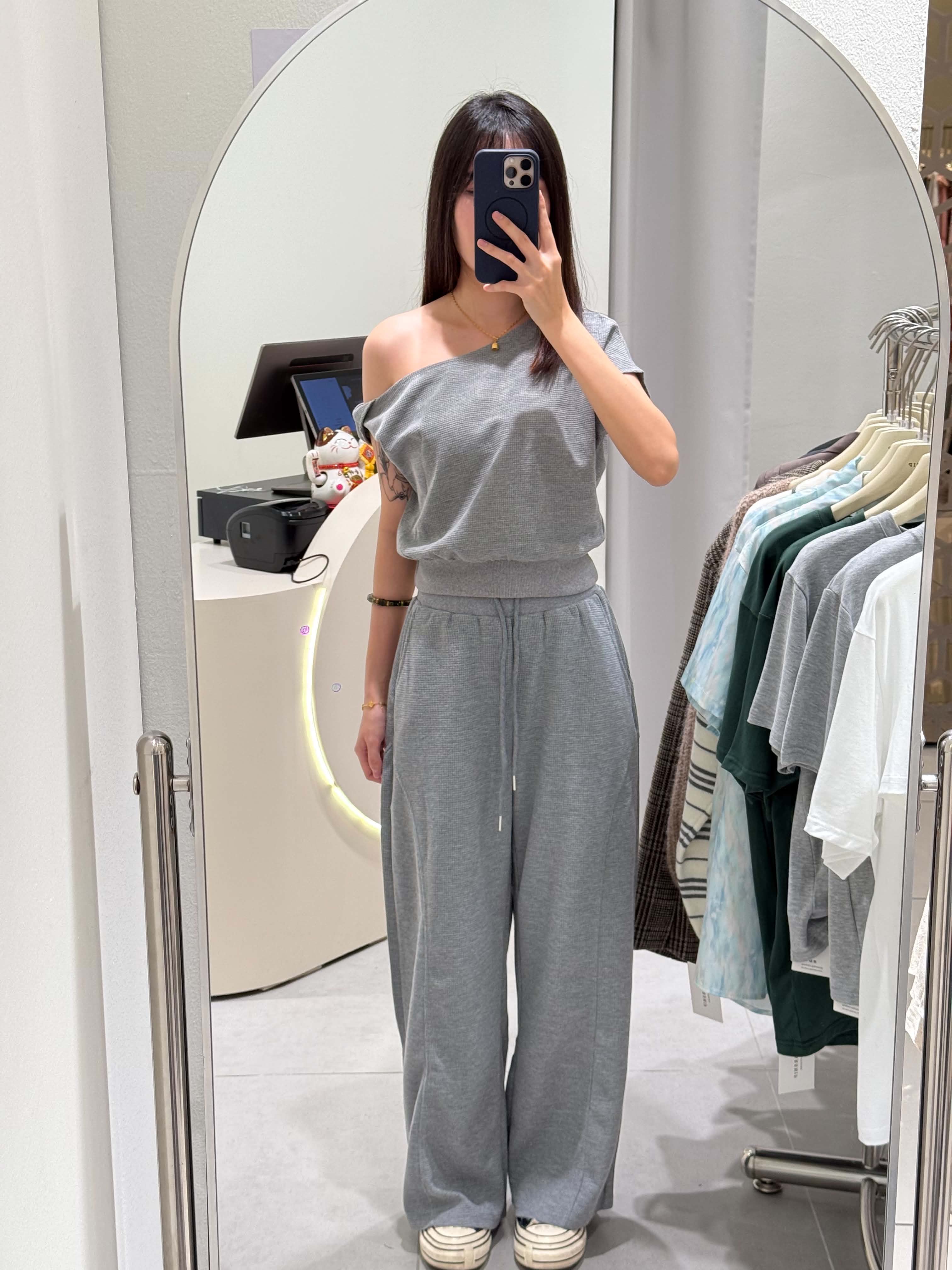 Waffle Slanted Shoulder Top & Pants Set