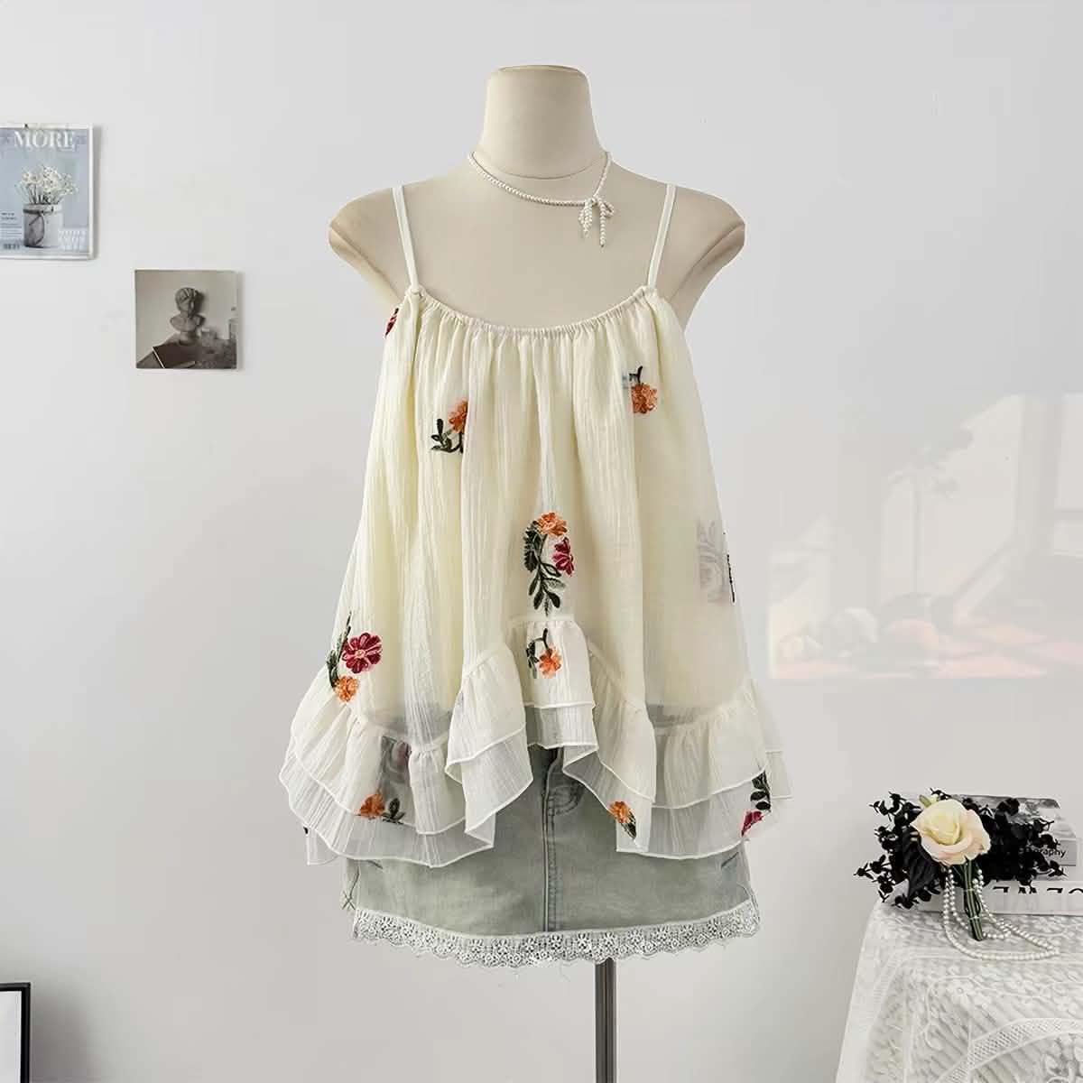 Almond Sleeveless Floral Blouse