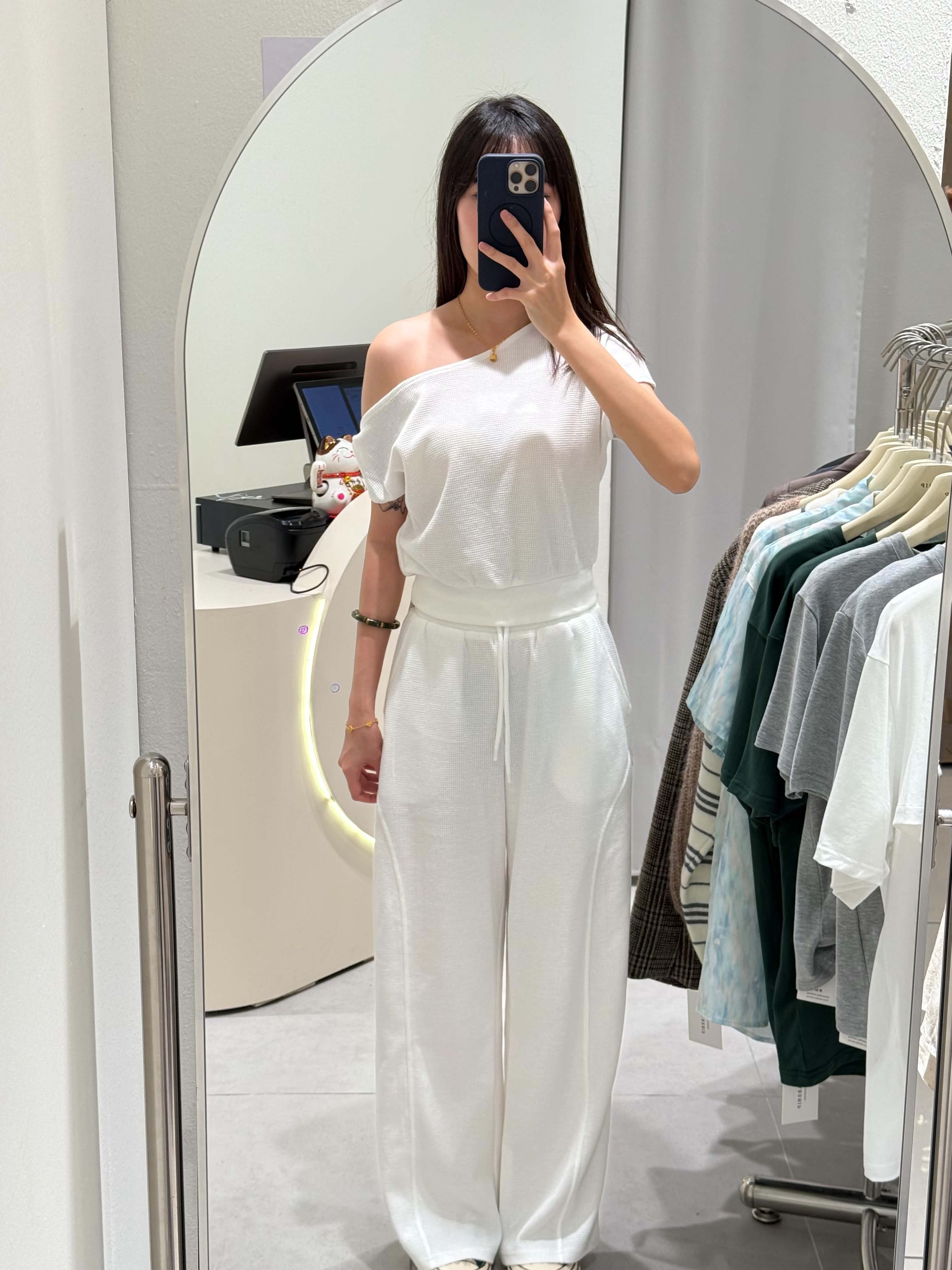 Waffle Slanted Shoulder Top & Pants Set