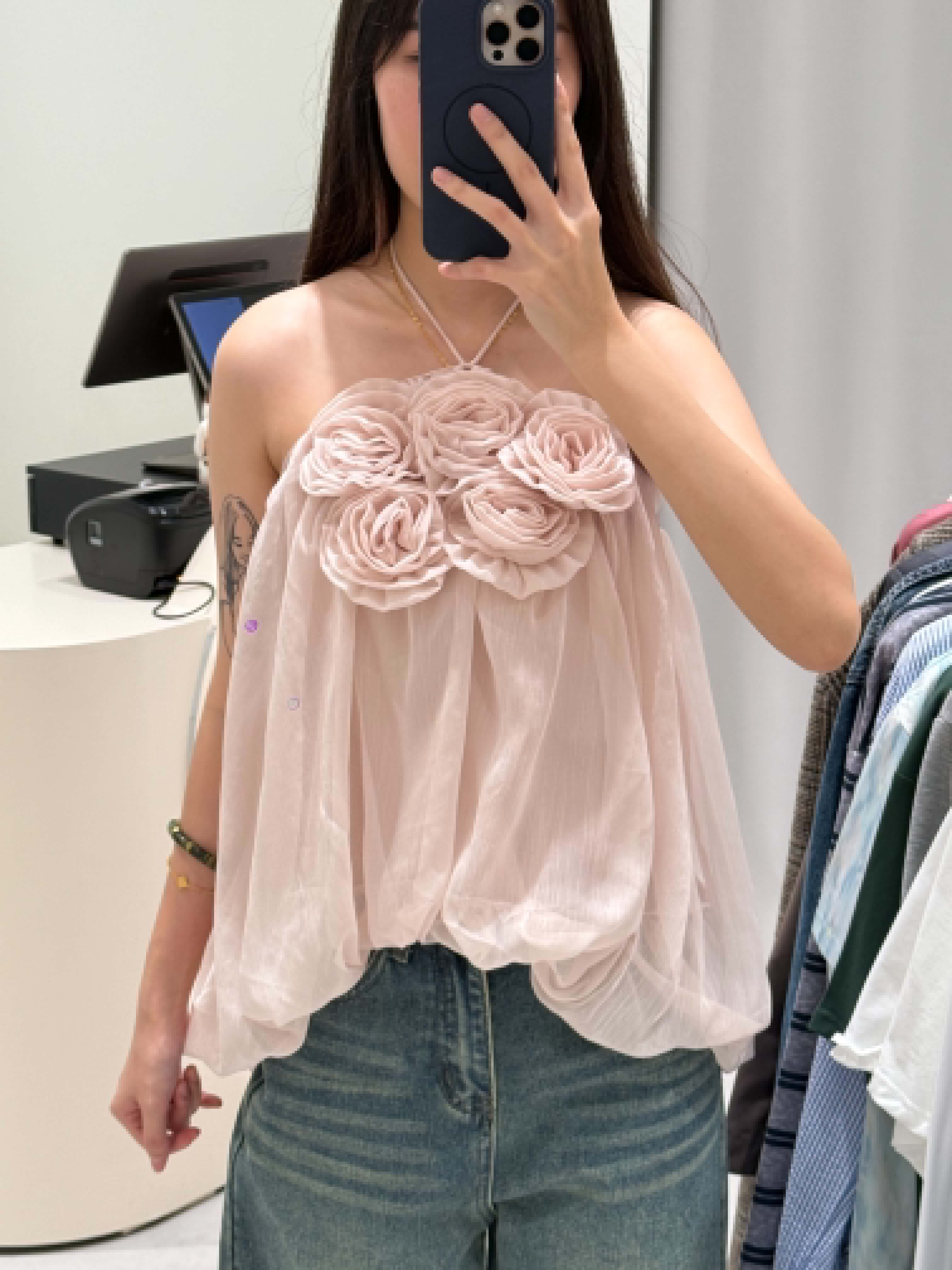 Halter Floral Mesh Blouse