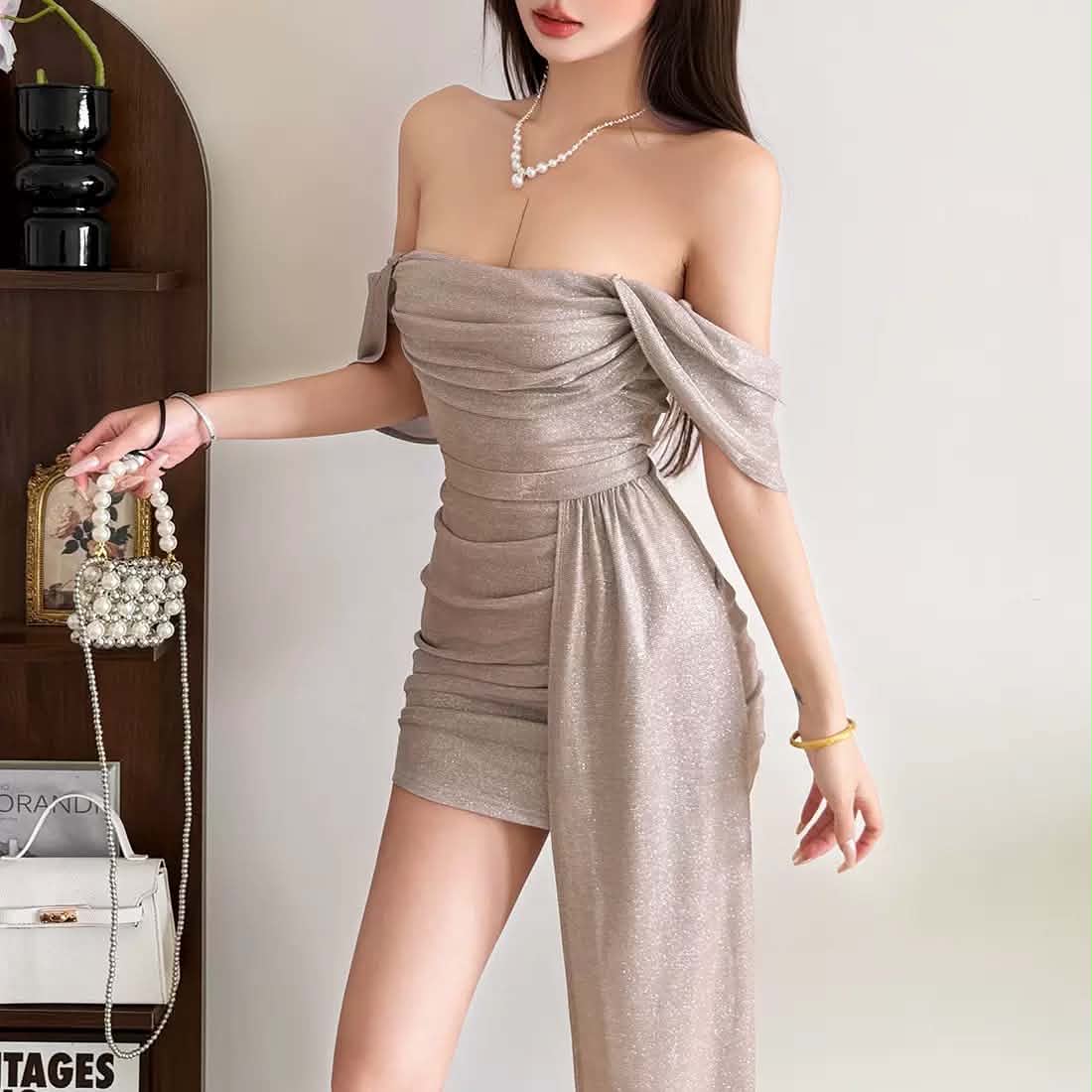 Off Shoulder Glitter Pink Dress
