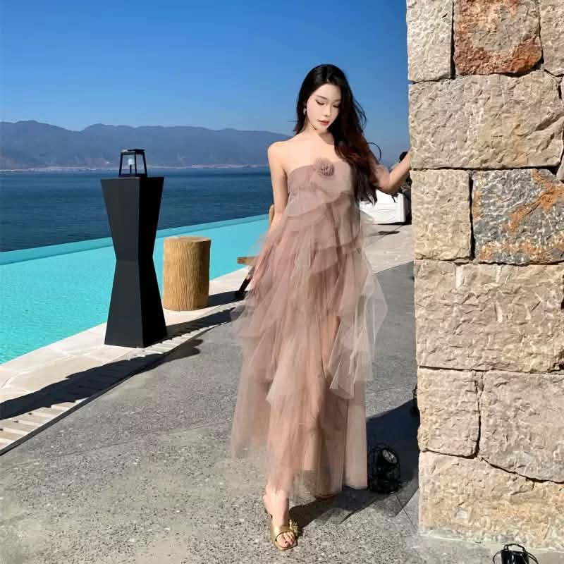 Khaki Mesh Tube Dress