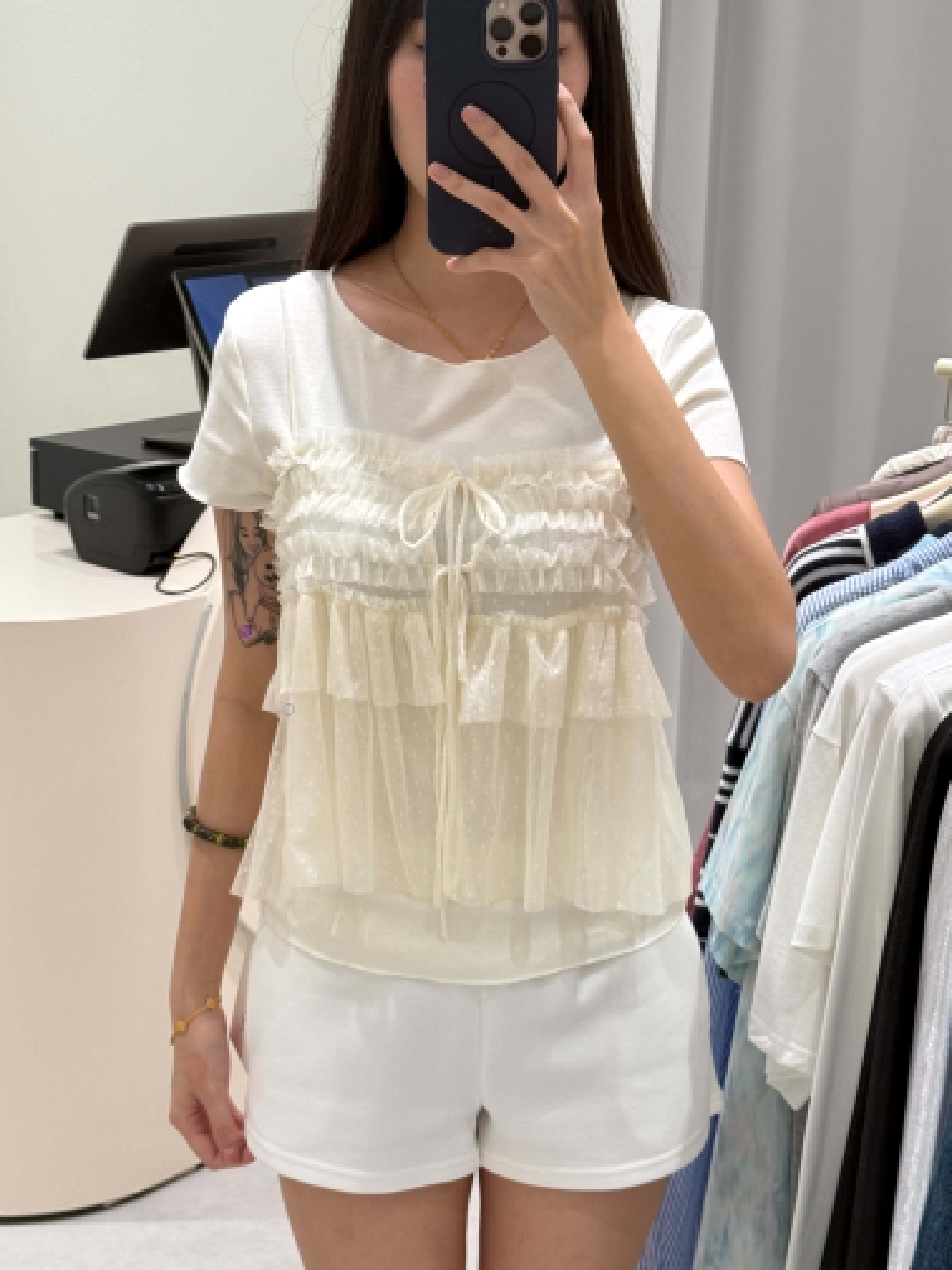 Short Sleeve Blouse with Lace Outer