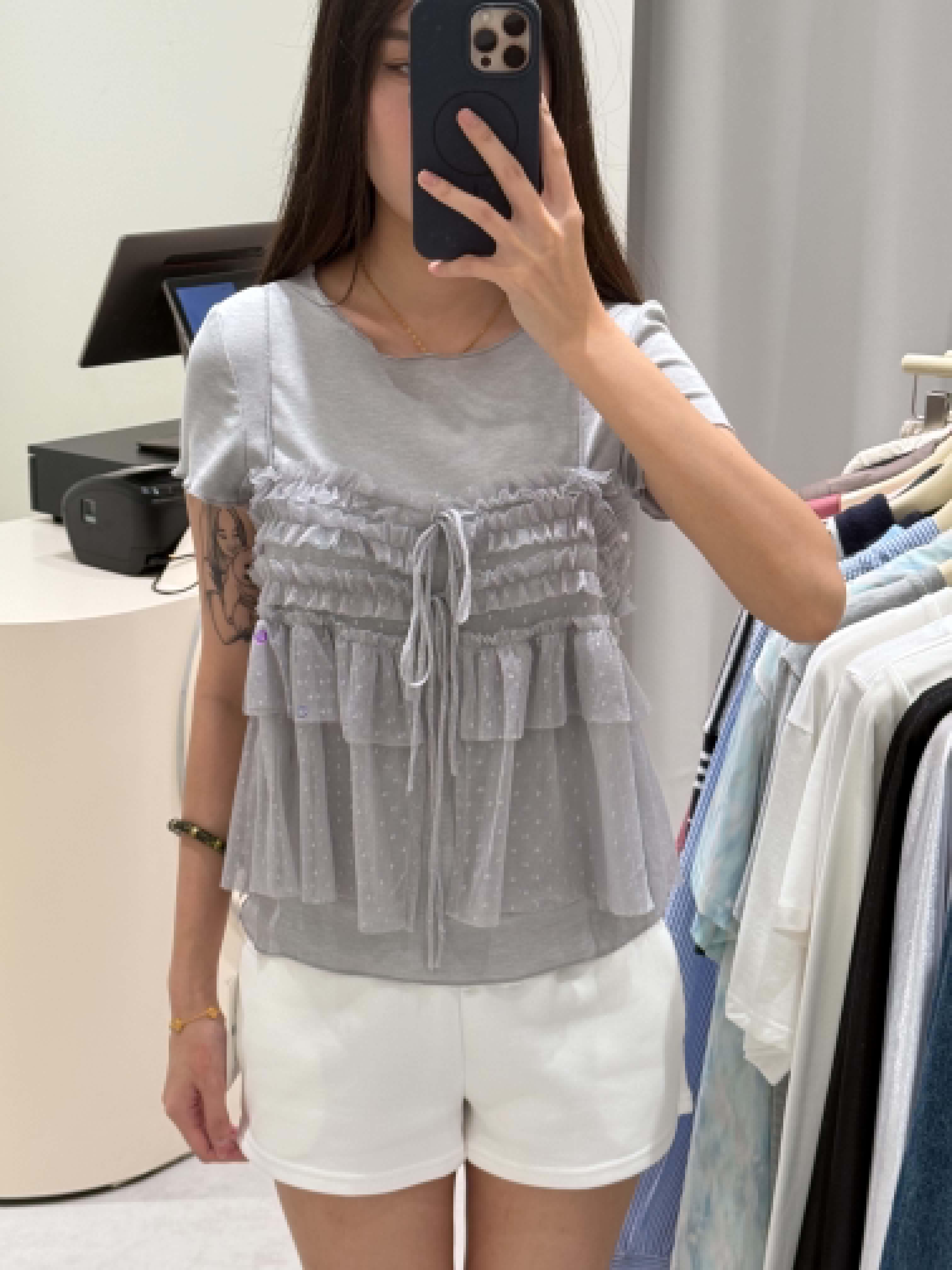 Short Sleeve Blouse with Lace Outer