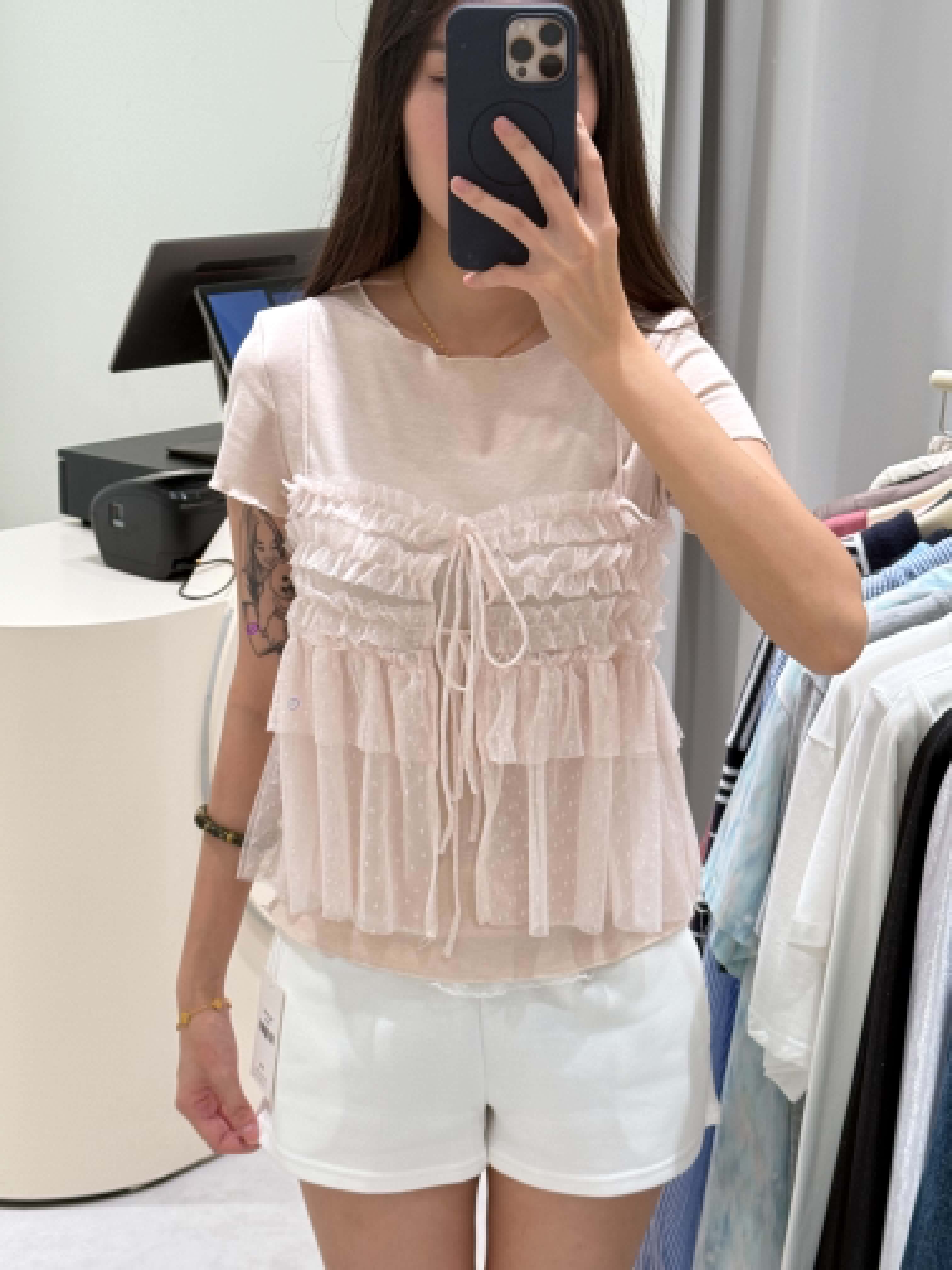 Short Sleeve Blouse with Lace Outer