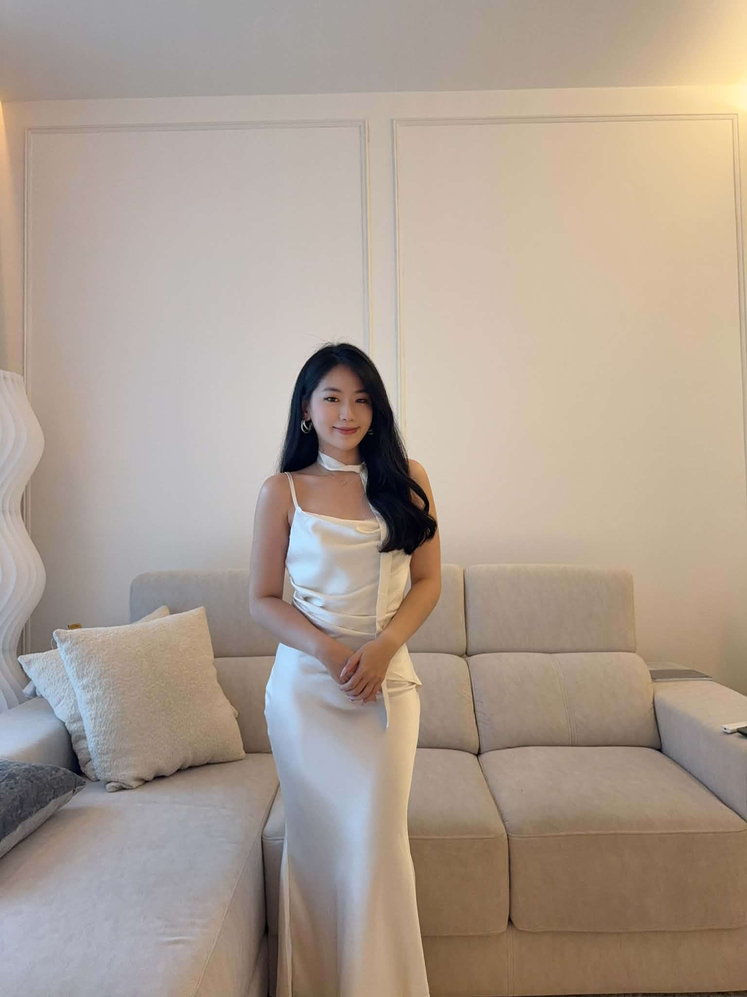 Satin Long Dress with Neck Tie