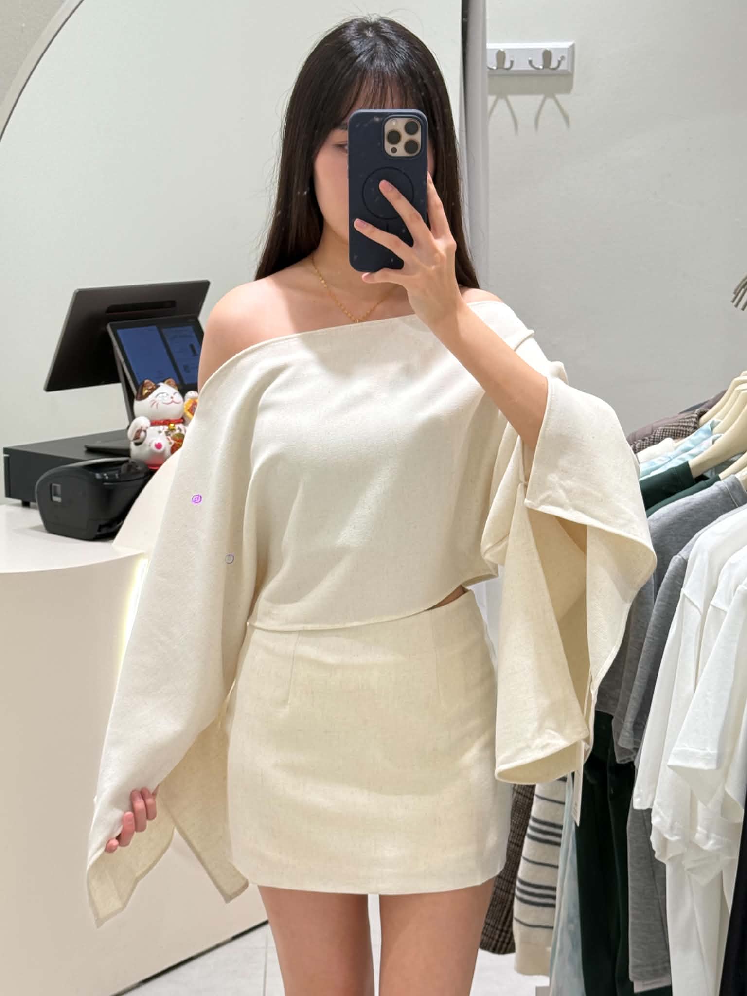 Almond Slanted Shoulder Blouse & Skirt Set