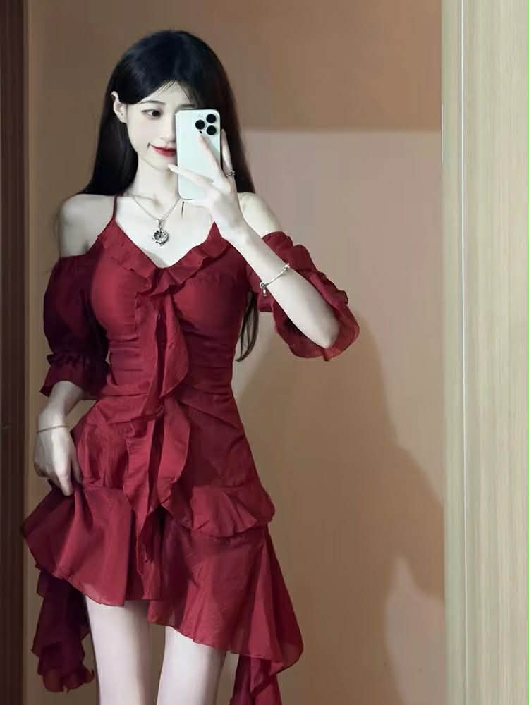 Red Cold Shoulder Ruffle Dress