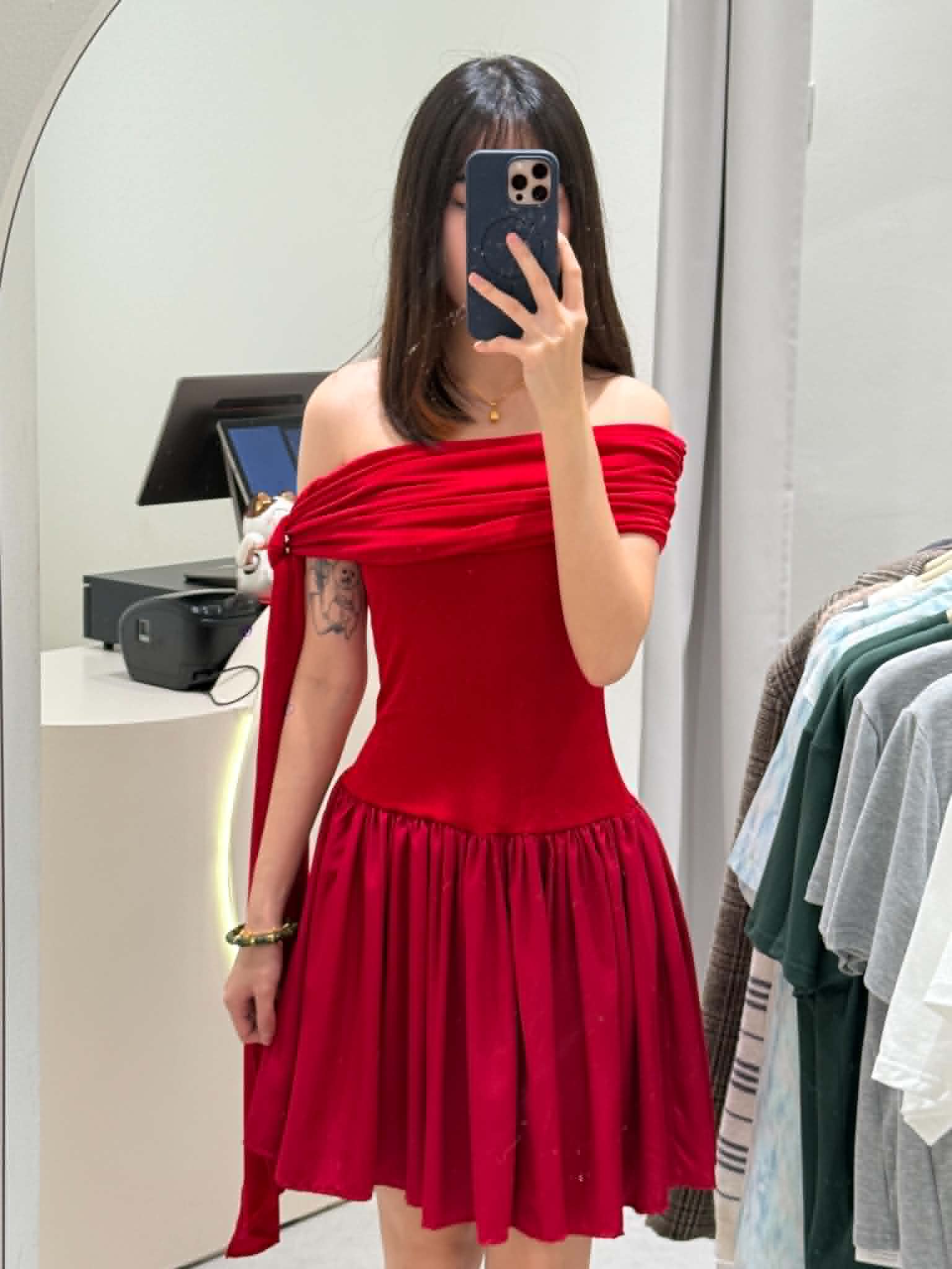 Slanted Shoulder Short Dress