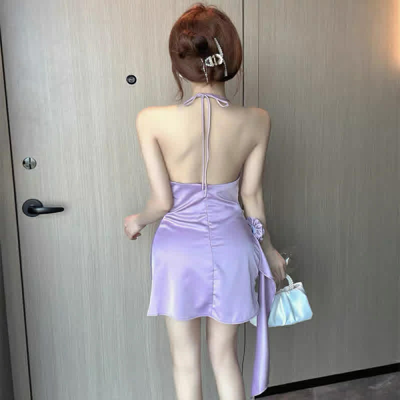 Purple Satin Halter Dress