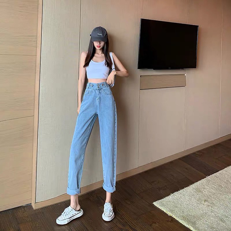 High waist double button denim long pants