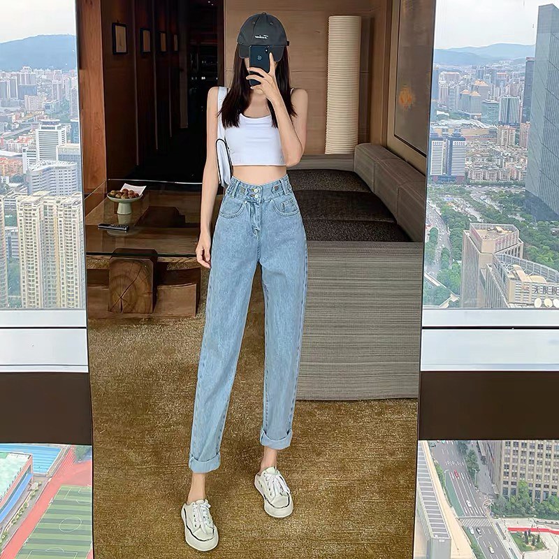 High waist double button denim long pants