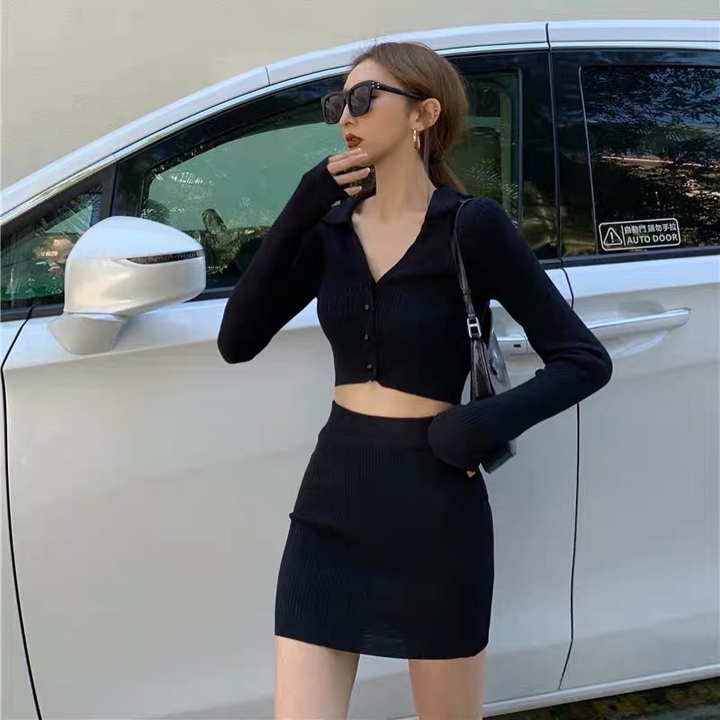 Polo collar top & skirt set wear