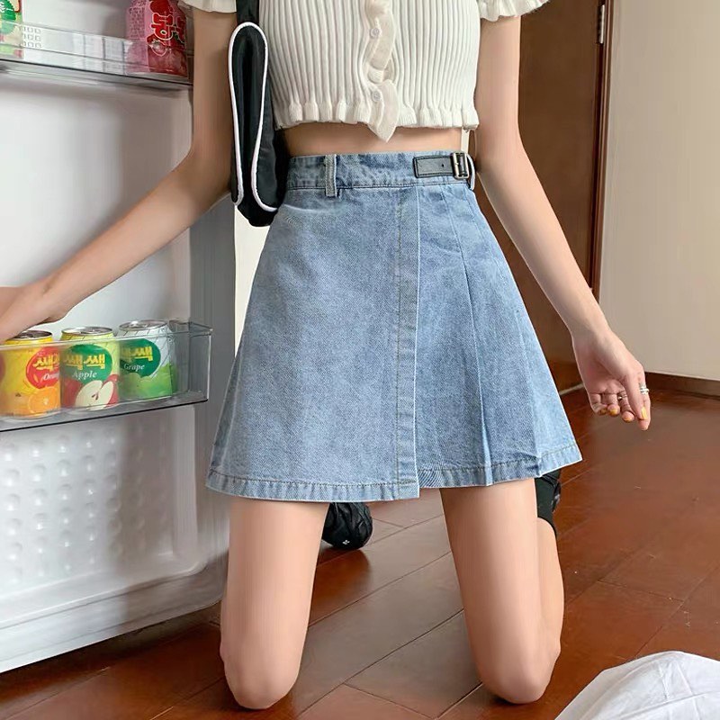 Denim half pleated skirt