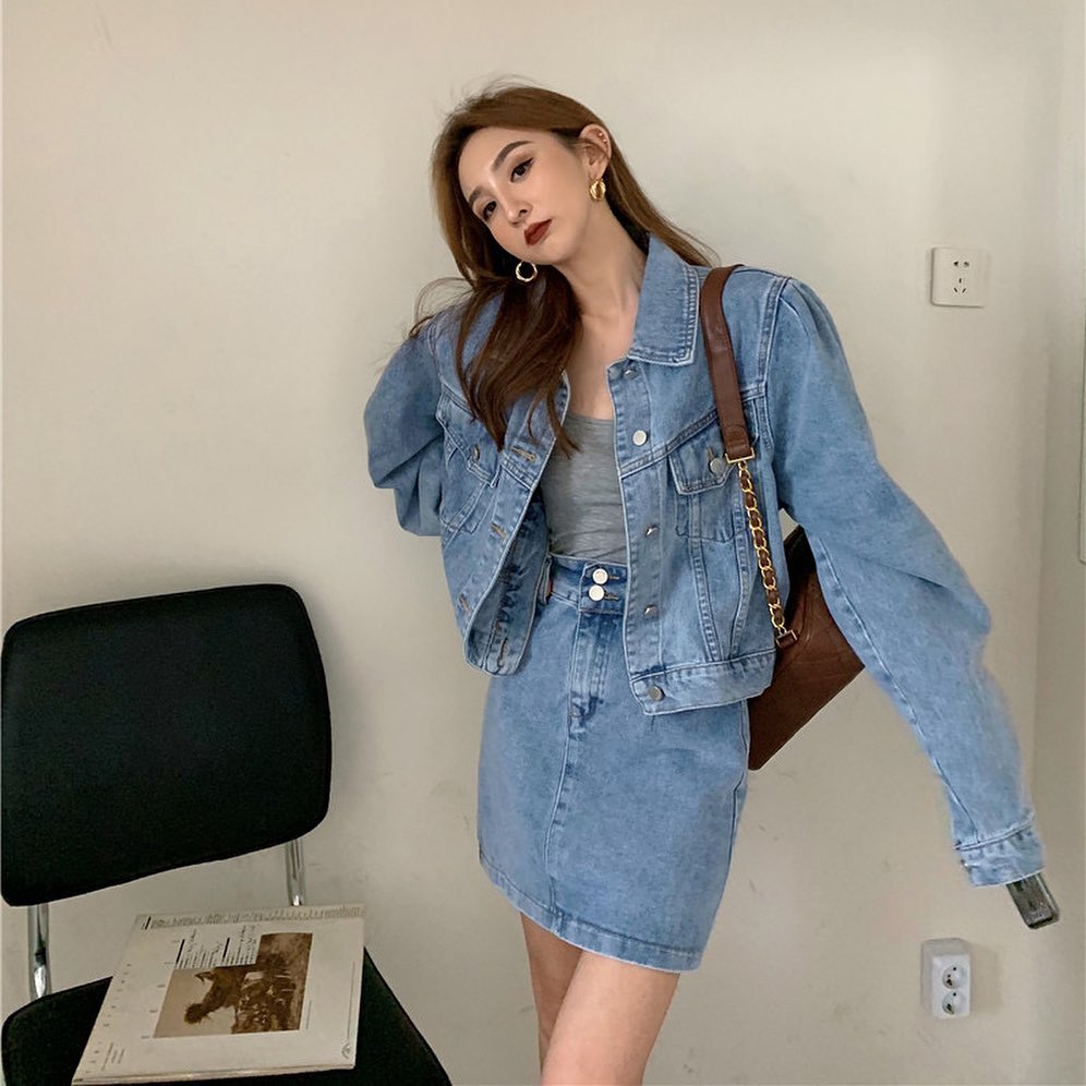 Denim jacket & denim skirt set wear