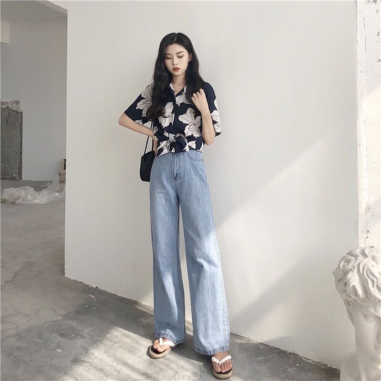 Retro high waist denim wide leg pants